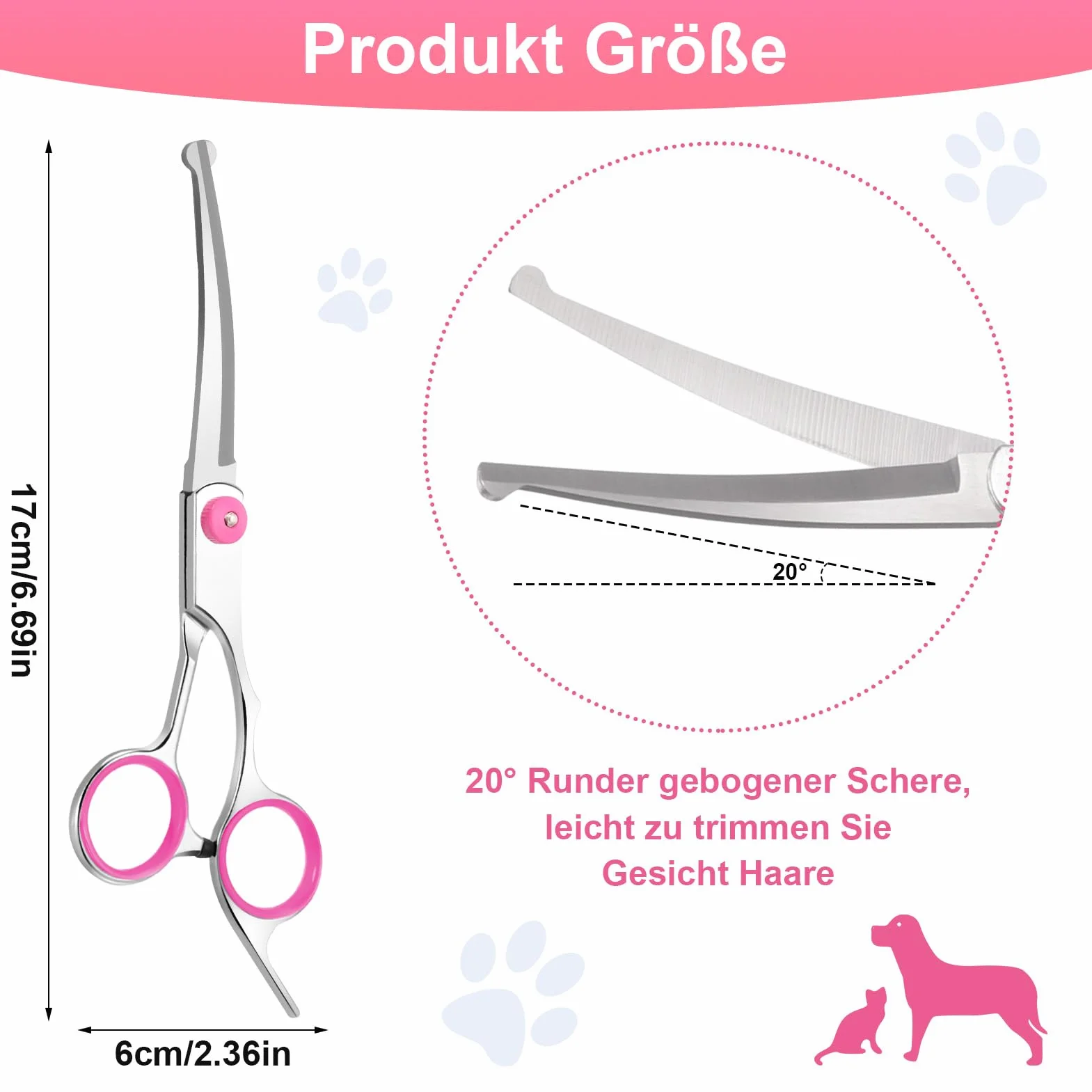 Jostift Ciseaux de toilettage pour chien et chat - Ciseaux incurvés - Ciseaux ronds professionnels - Ciseaux de toilettage pour chat et autres animaux de compagnie - Rose