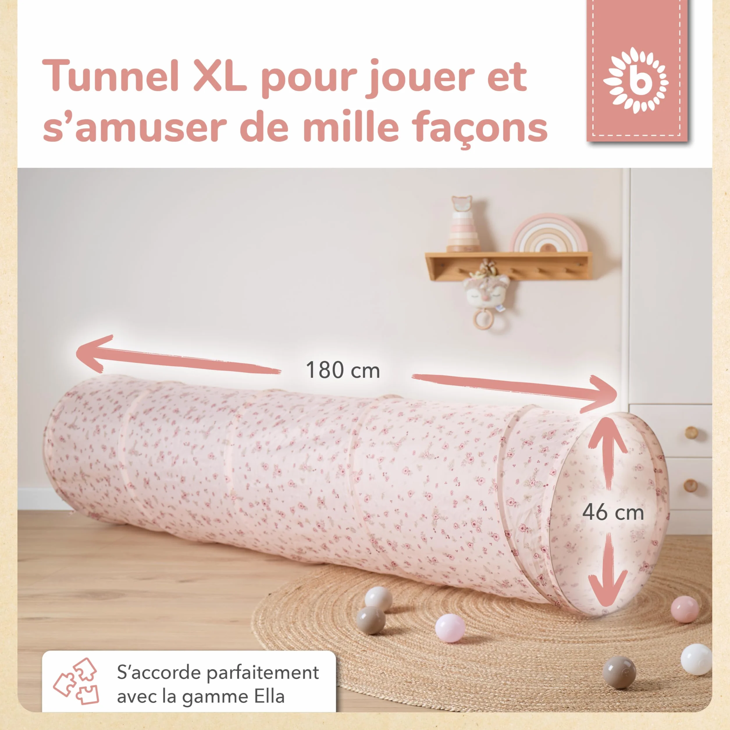 Bieco Tunnel Enfant XXL Dreamy Flowers | 180 x 46 cm | Jeux Exterieur Enfant 1 Ans