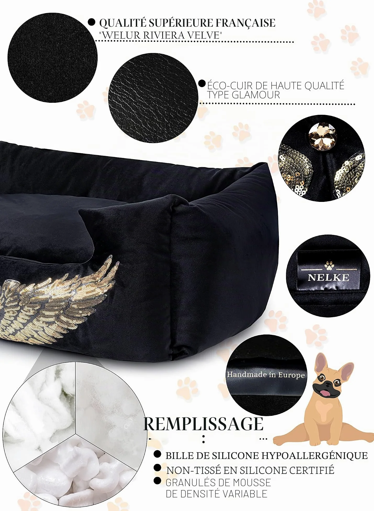 NELKE Lit pour chien, style glamour, canapé pour chien, noir avec ailes dorées, canapé de luxe pour chiens de petite et moyenne taille, coussin lavable