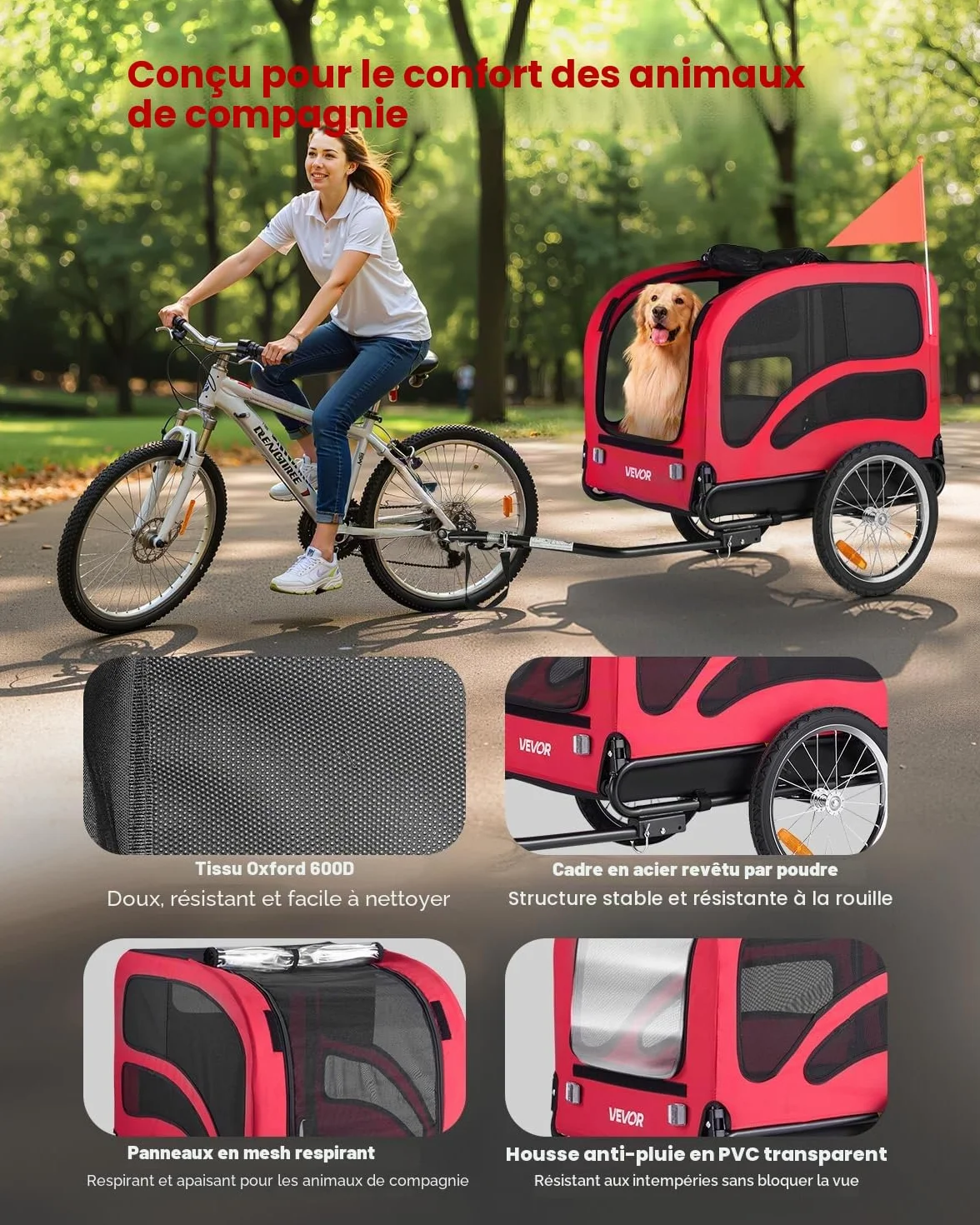 VEVOR Remorque de Vélo Chien Pliable Charge 45 kg Porte Animaux de Compagnie de Vélo Cadre Facile à Plier avec Roues à Dégagement Rapide, Coupleur de Vélo Universel,Réflecteurs, Drapeau