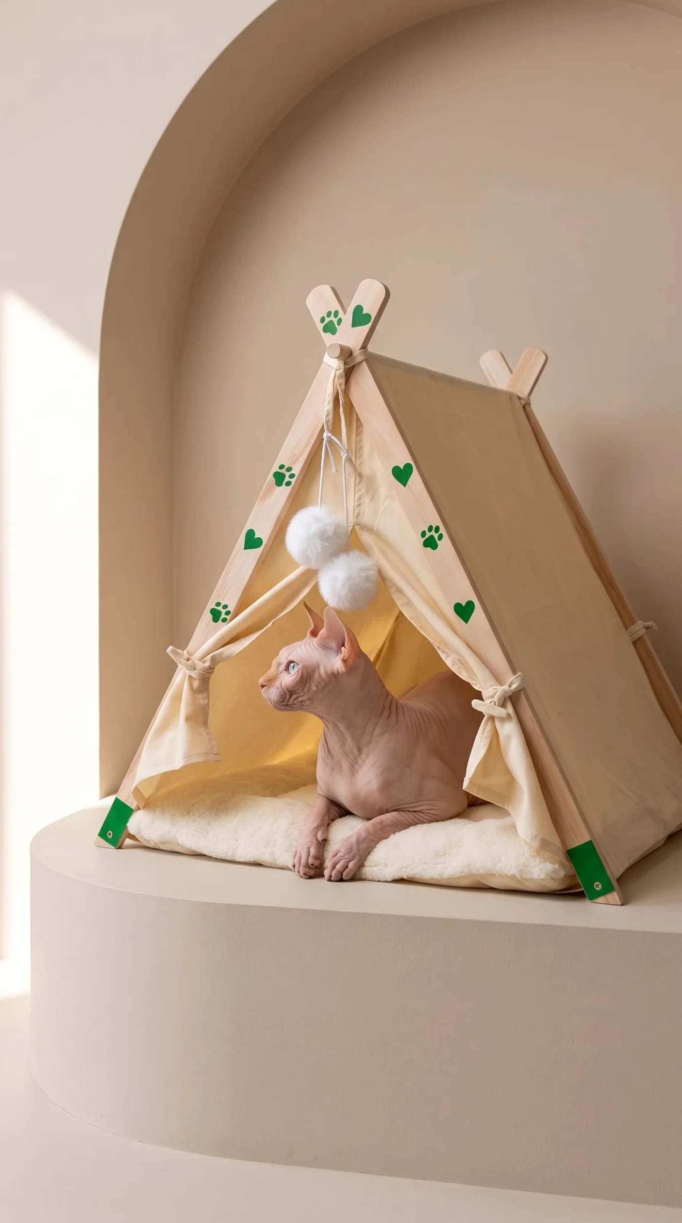 Tipi Lit pour chats et petits chiens – Grotte en bois massif, coton et lin respirant, niche igloo d'intérieur pour animaux de compagnie, chiots, berceau de voyage pliable et portable avec coussin