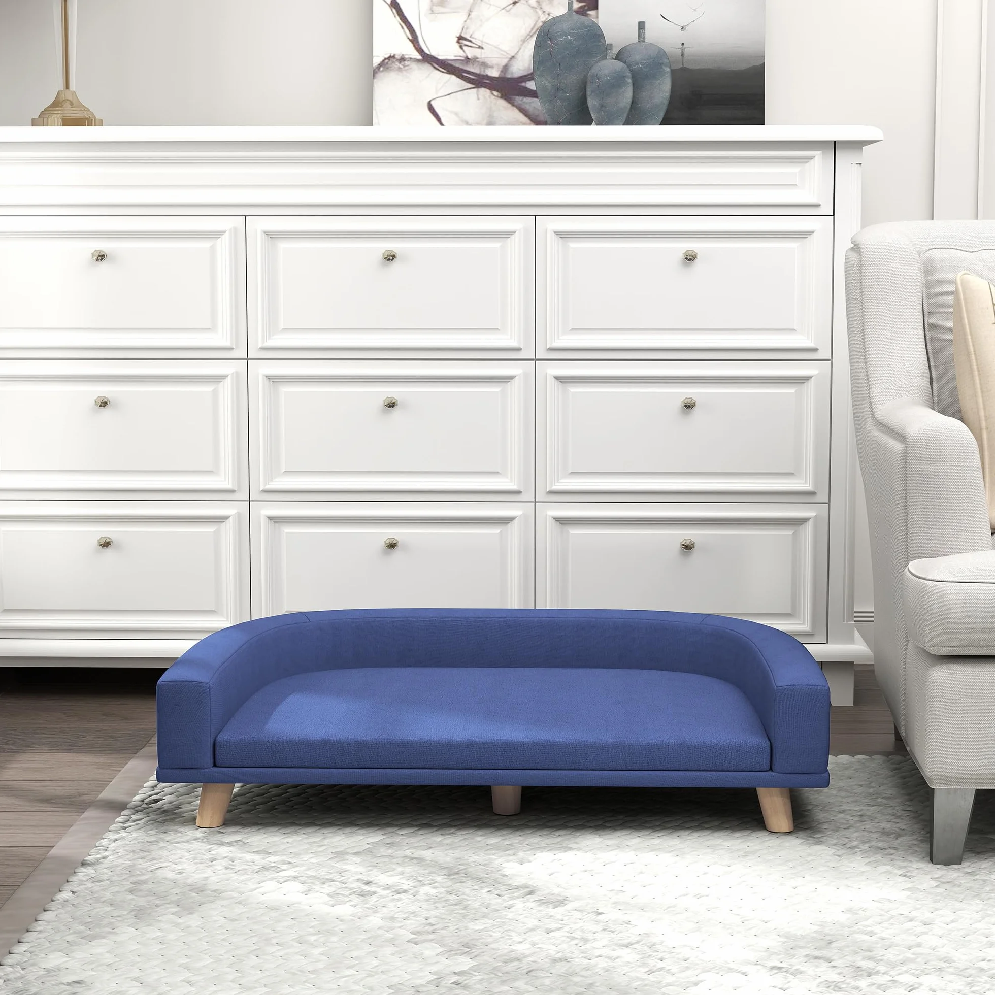 PawHut Canapé Chien Lit pour Chien avec Coussin Déhoussable Housse Lavable Design Scandinave Tissu Polyester Pieds Bois 98 x 67 x 25 cm Bleu