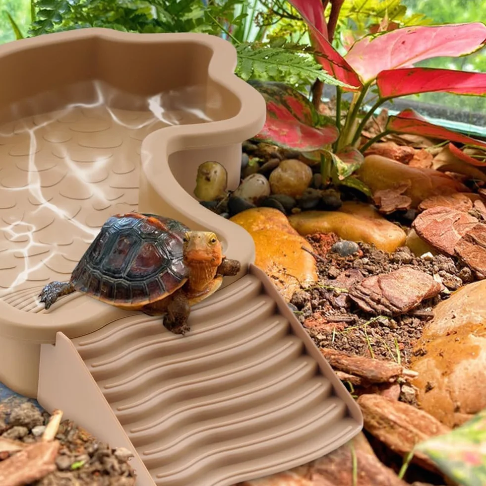 MEISO Abreuvoir Tortue Terrestre avec Rampe et Échelle, Bol d'eau pour Reptiles, Mangeoire pour Tortues, Lézards et Gecko (Brown)