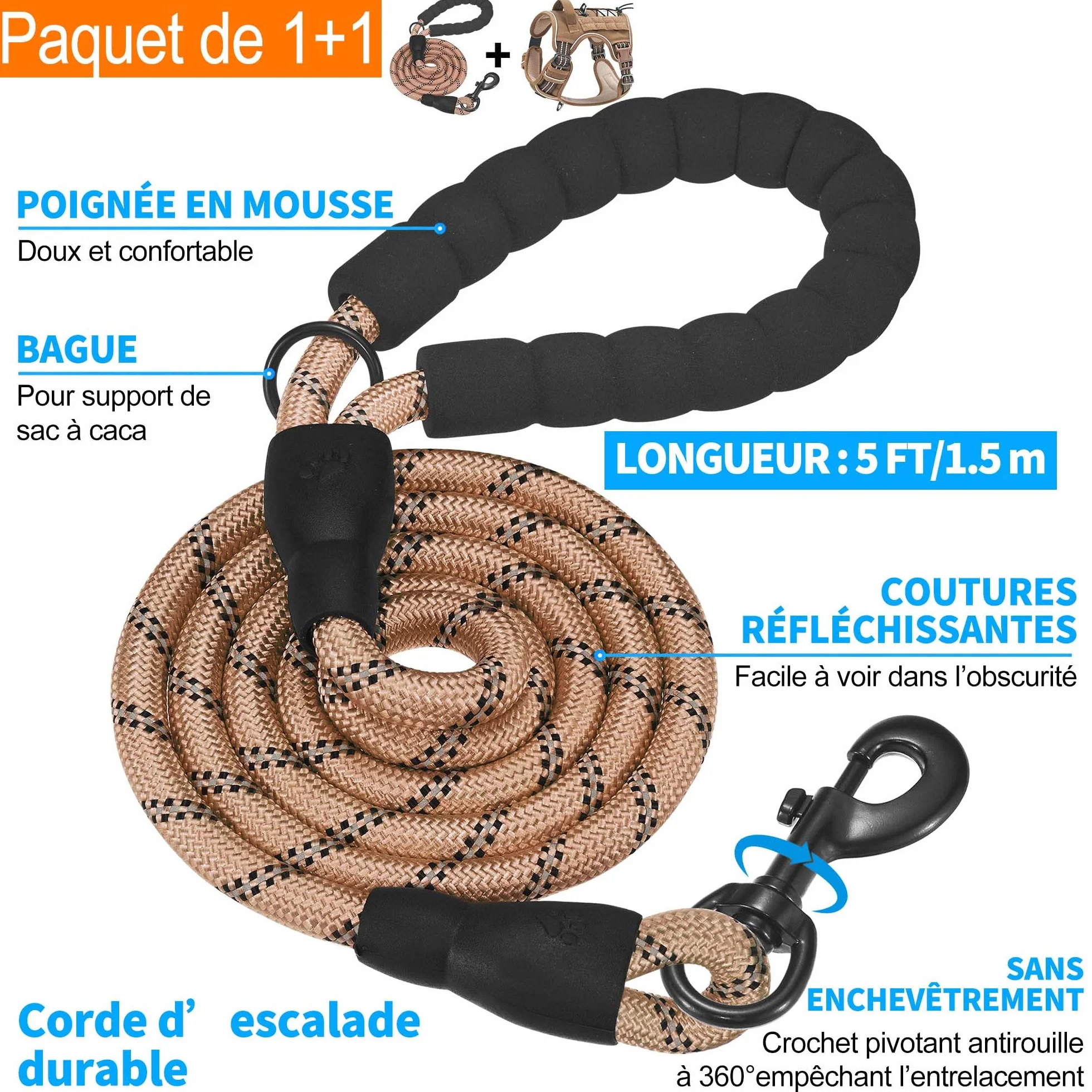 Haapaw Harnais tactique robuste pour chiens grande taille anti-traction réglable réfléchissant contrôle facile militaire travail XL marron