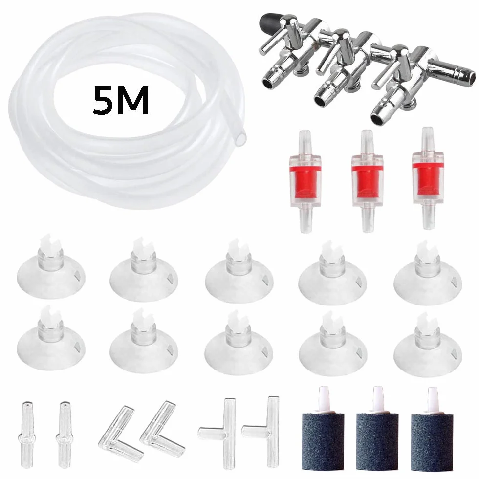 Accessoires de Pompe à Air pour Aquarium, Tuyau 5 m, 10 Clips, 3 Pierres, Séparateur 3 Voies, 6 Connecteurs