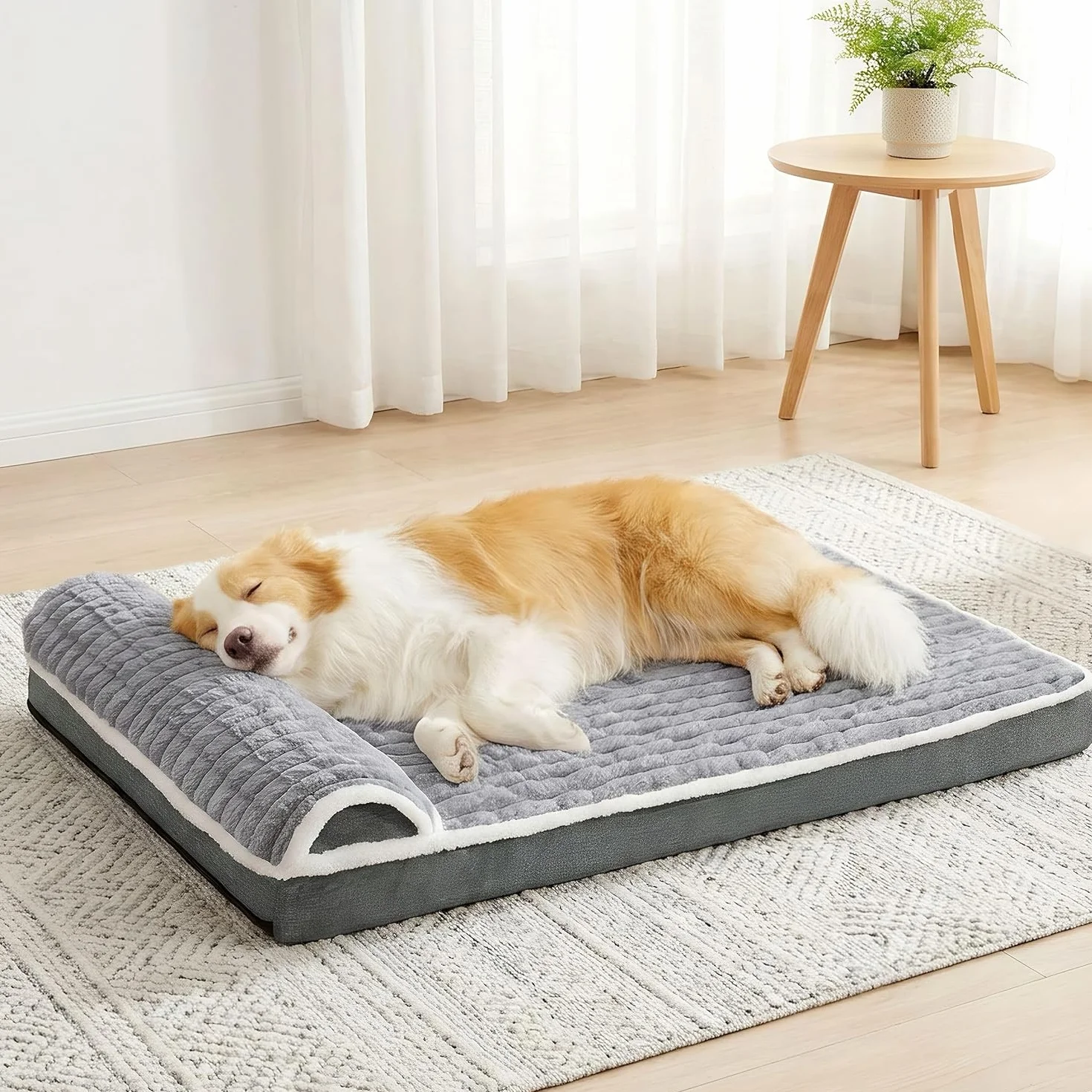 Panier Chien Moyen Orthopédique, Lit Matelas pour Chien avec Oreiller Latéral Moelleux, Coussin Déhoussable Lavable en Machine, Imperméable, Base Antidérapante, 91x61cm, Gris