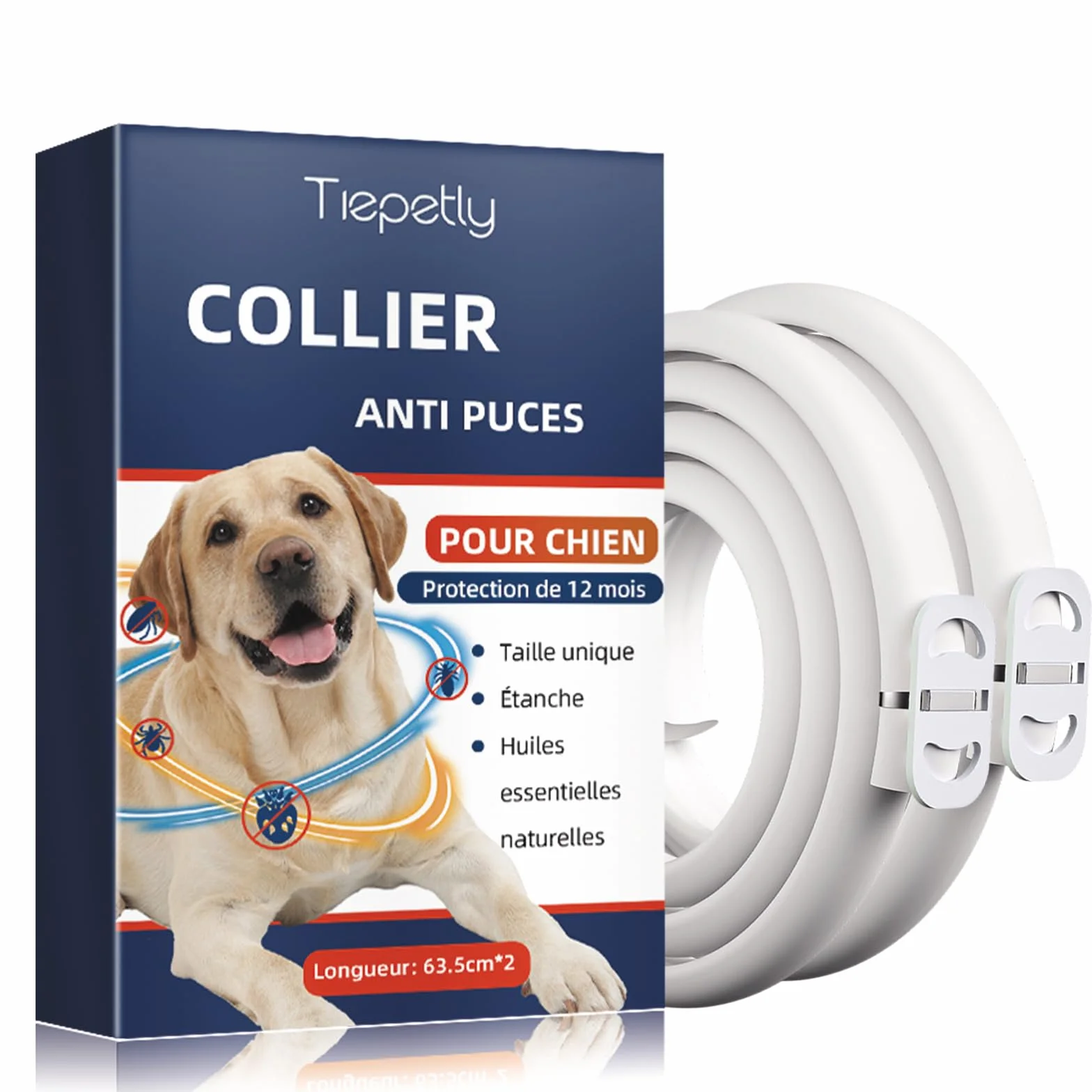 Collier Anti Puces pour Chien Réglable 63.5CM 2PACK, Résistant à l'eau, Huiles Essentielles 100% Naturelles