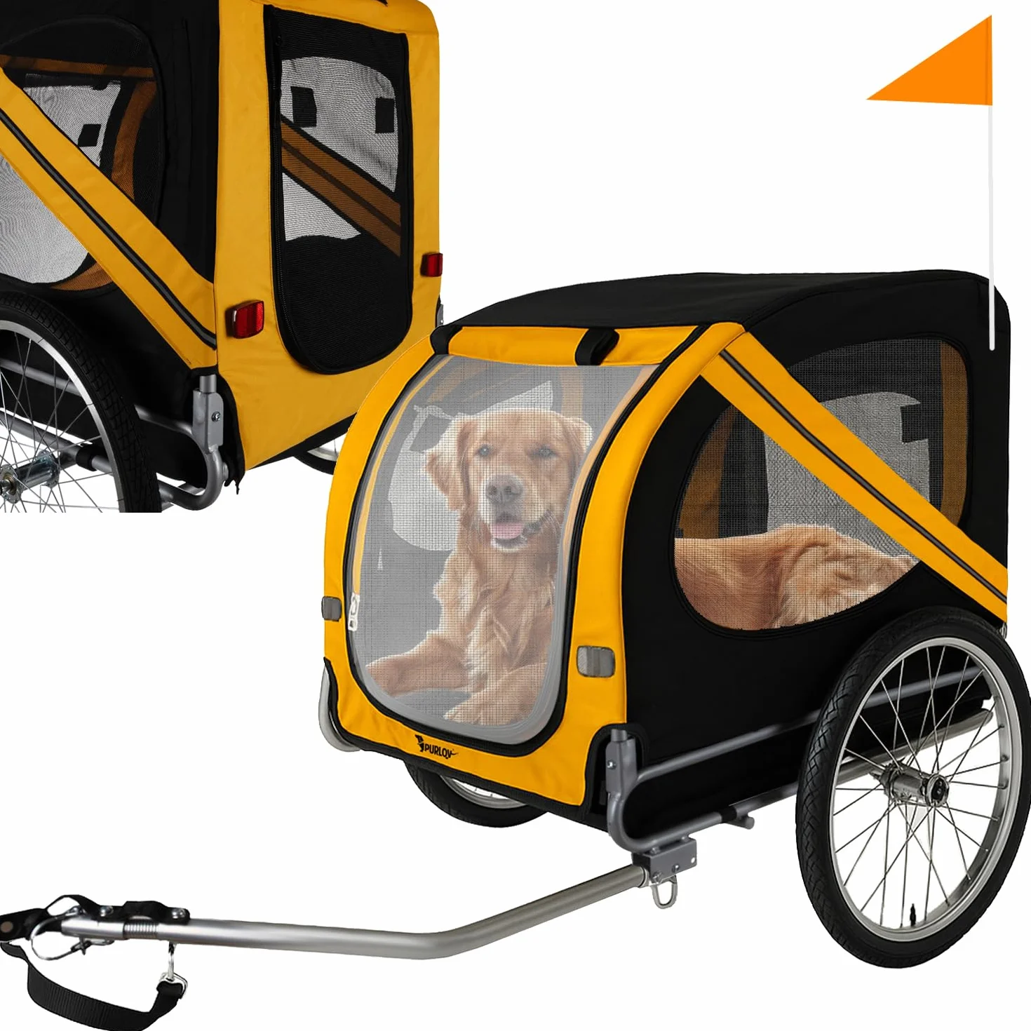 Purlov Remorque vélo chien 40 kg ceinture sécurité moustiquaire housse pluie pneus 20" cadre acier