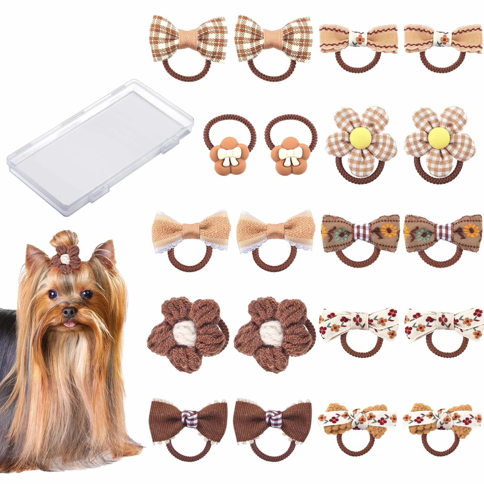 BOXOB 20pcs Nœuds pour Poils de Chien, Marron pour Chien de Petite Taille Nœuds Mignons pour Chiots à Fleurs Élastiques
