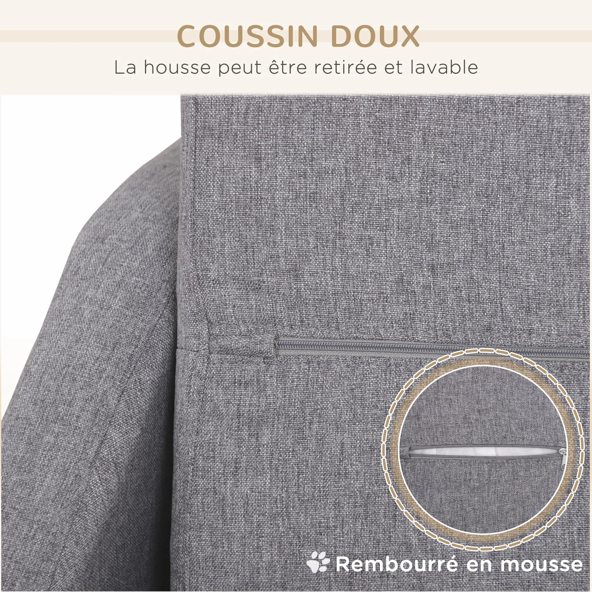 PawHut Canapé pour Chien lit pour Chien Style scandinave Pieds en Bois Tissu déhoussable 75 x 55 x 39 cm - Gris
