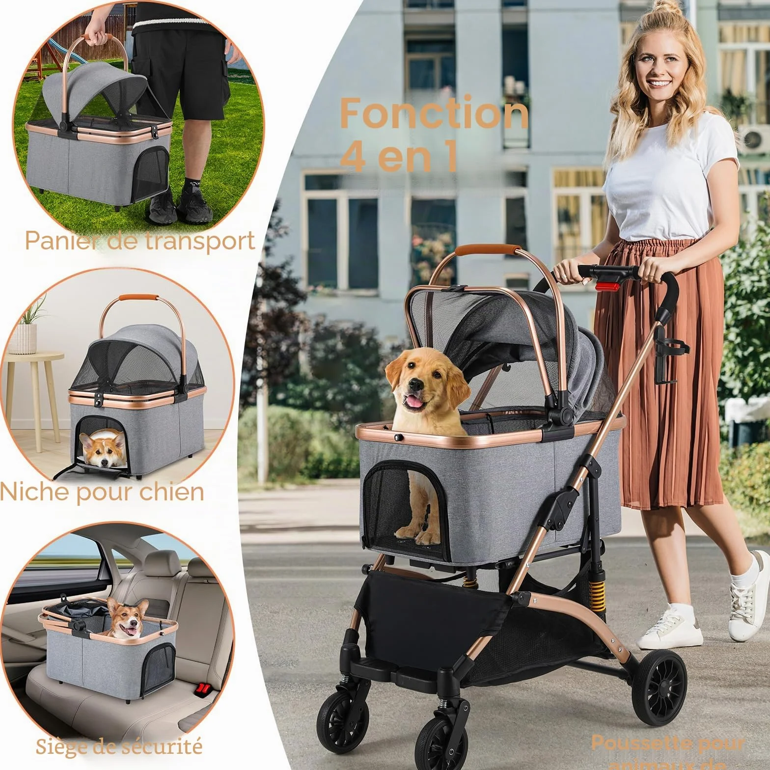 MAMIZO Poussette Chien 3-en-1 Pliable, Panier de Rangement, Fenêtre en Filet, pour Petits Chiens et Chats, jusqu'à 20 kg, Roues 360° Résistantes, Gris Foncé