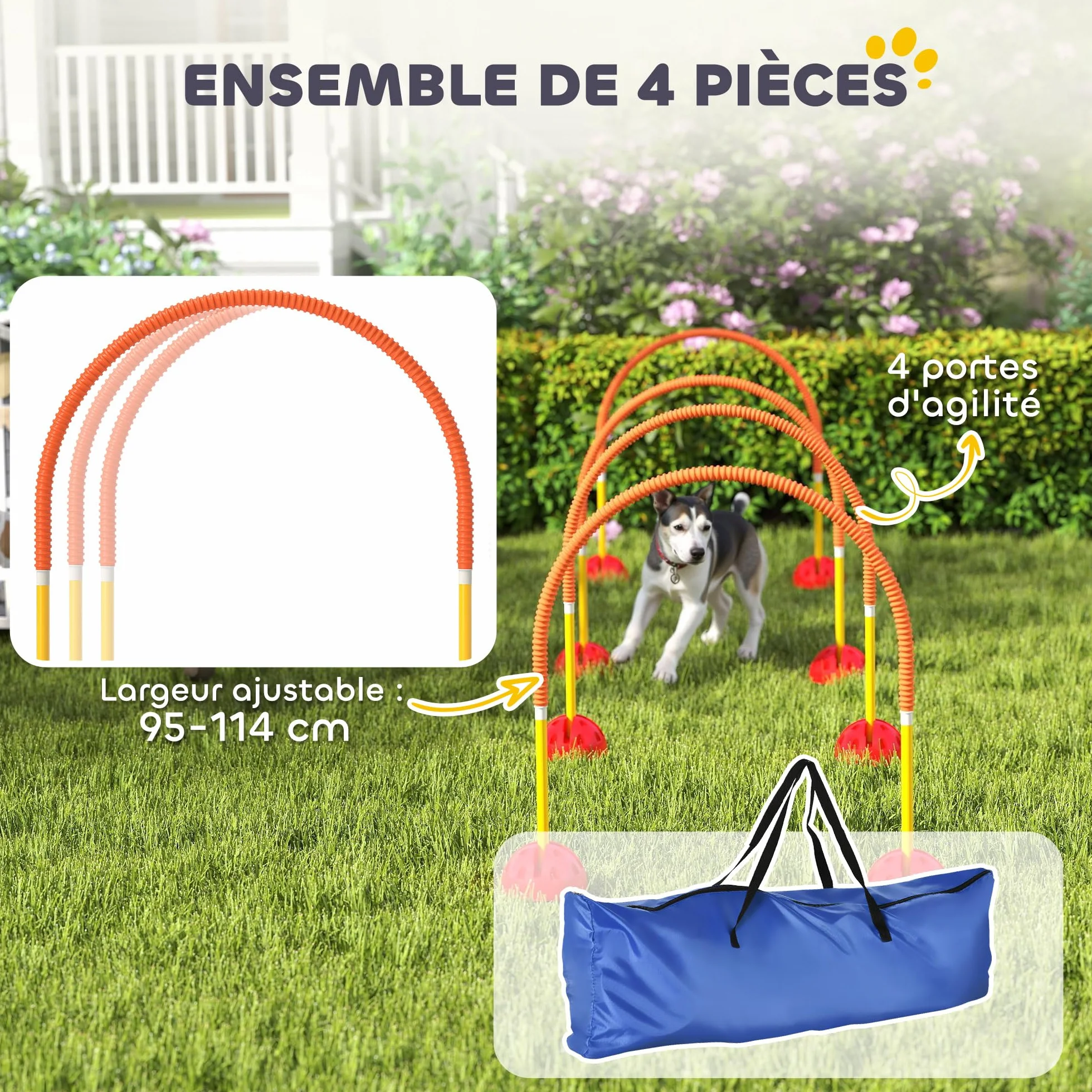 PawHut Kit d'équipement d'agilité pour Chien avec 4 Portes à Largeur réglable, Sac de Transport, Jaune et Orange
