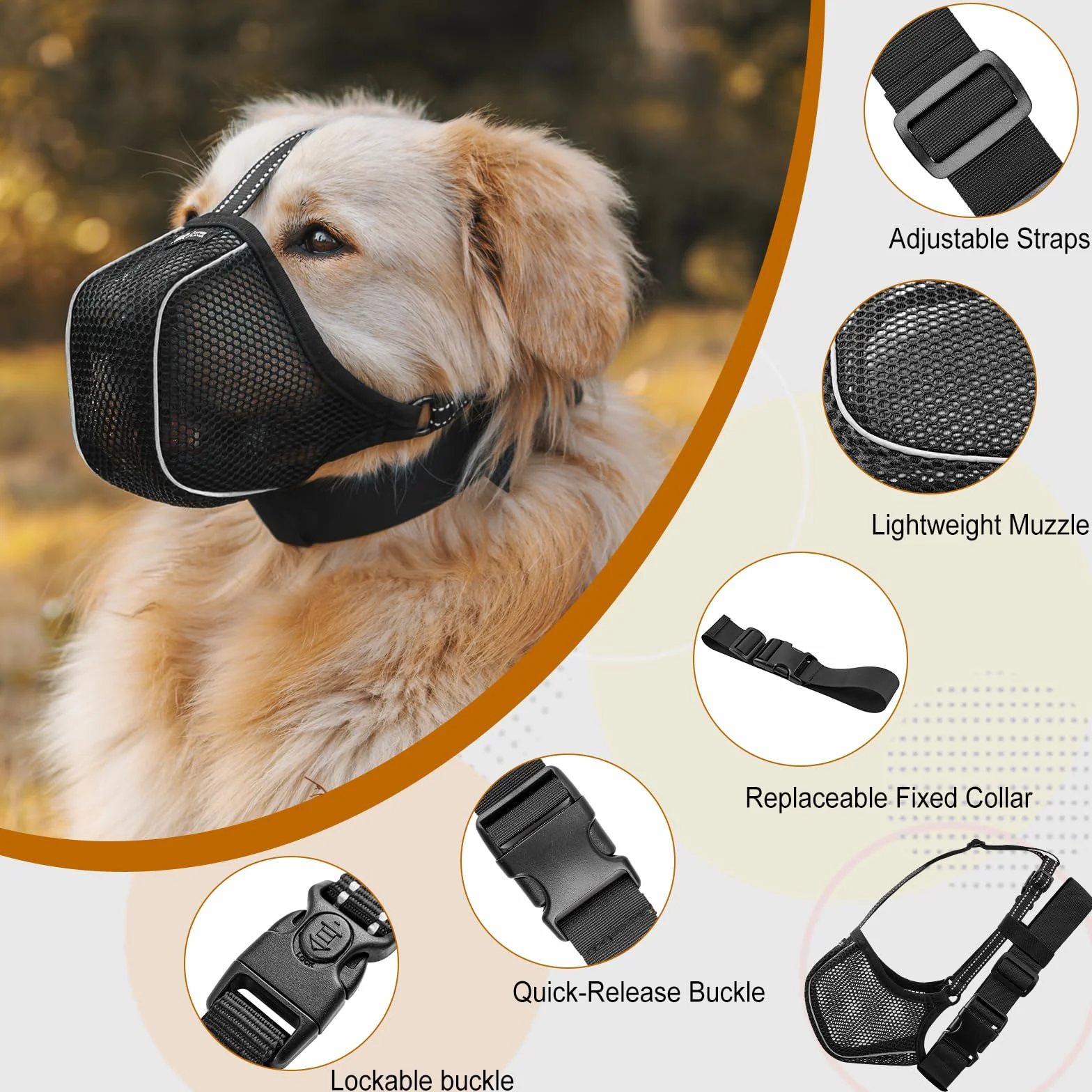 Arblina Museliere pour Chien, Muselière Respirante en Maille Douce pour Les Petits, Moyens et Grands Chiens, Muselière Ajustable Antidérapante avec Triple Sangle et Fil Réfléchissant, Noire