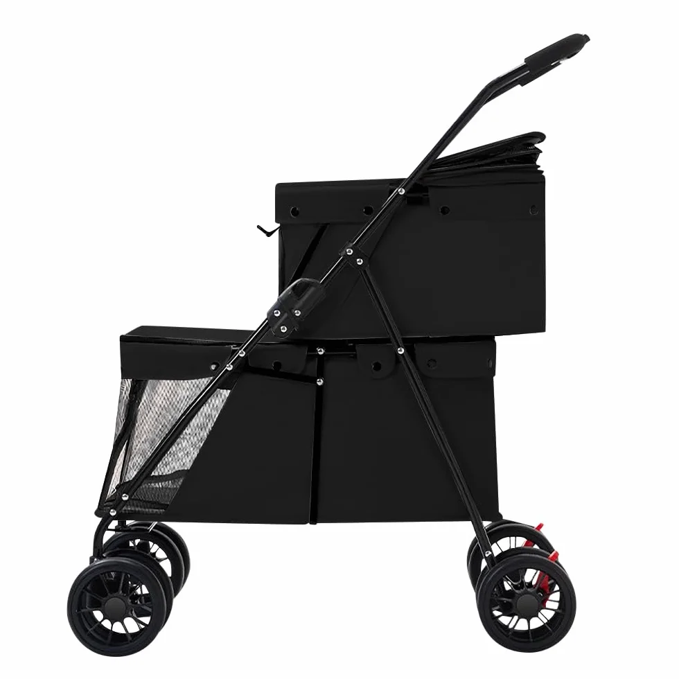 Poussette Double Couche pour Chien Chat Animaux Voyage, Pliable 4 Roues Chariot Landau Jogger Buggy 67x50x95cm Noir