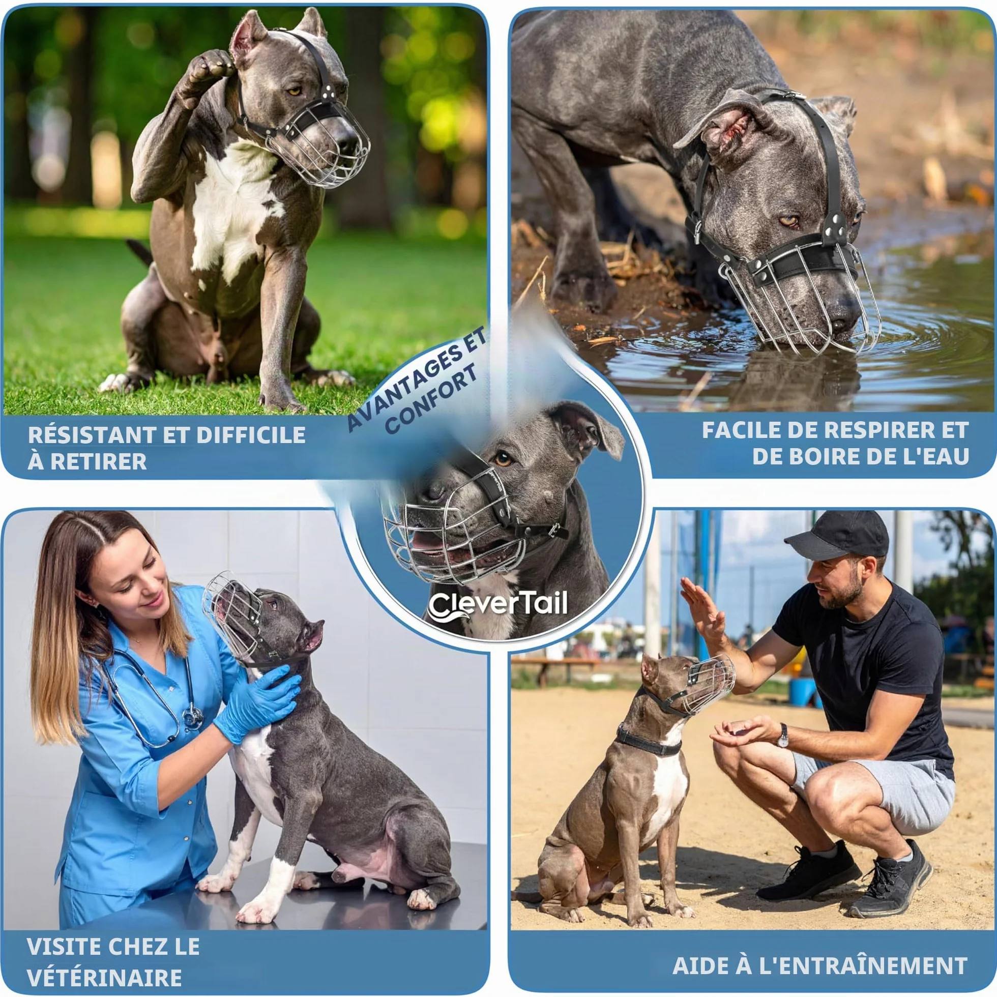 Muselière en métal pour Pitbull de grande taille – Muselière panier pour chiens avec sangles en cuir réglables – Muselière en cage en acier pour chiens pour éviter les morsures