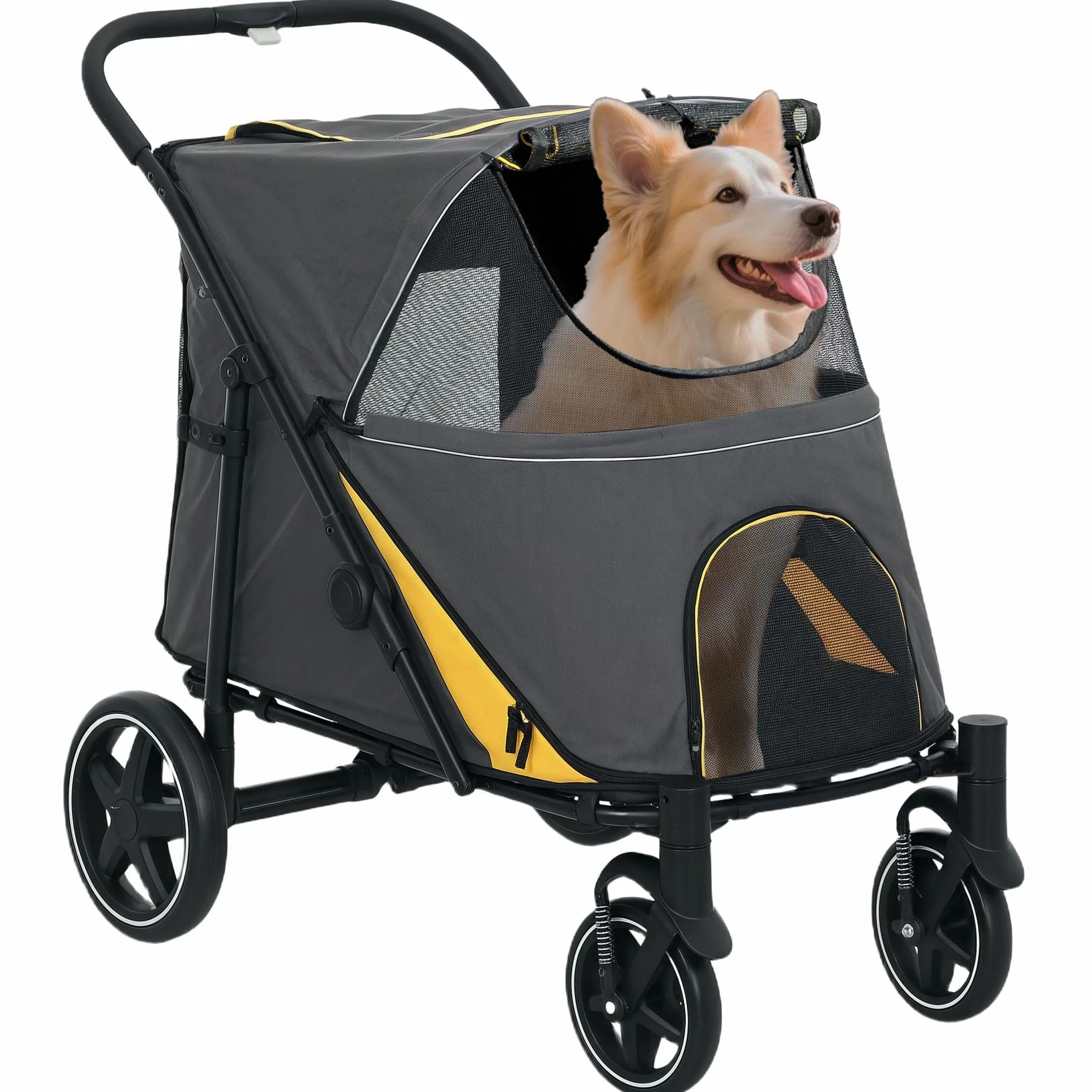 PawHut Poussette pour chien 4 roues EVA pliage un clic laisse sécurité charge 30 kg gris foncé