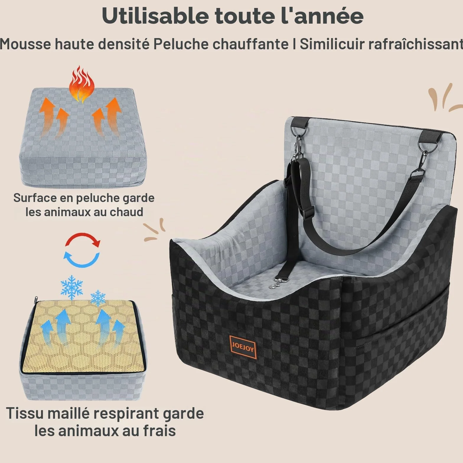Siège Auto Chien Extra Stable pour Petite à Moyenne Taille, Mousse à Mémoire de Forme, Housse Lavable, Coussin Double Face