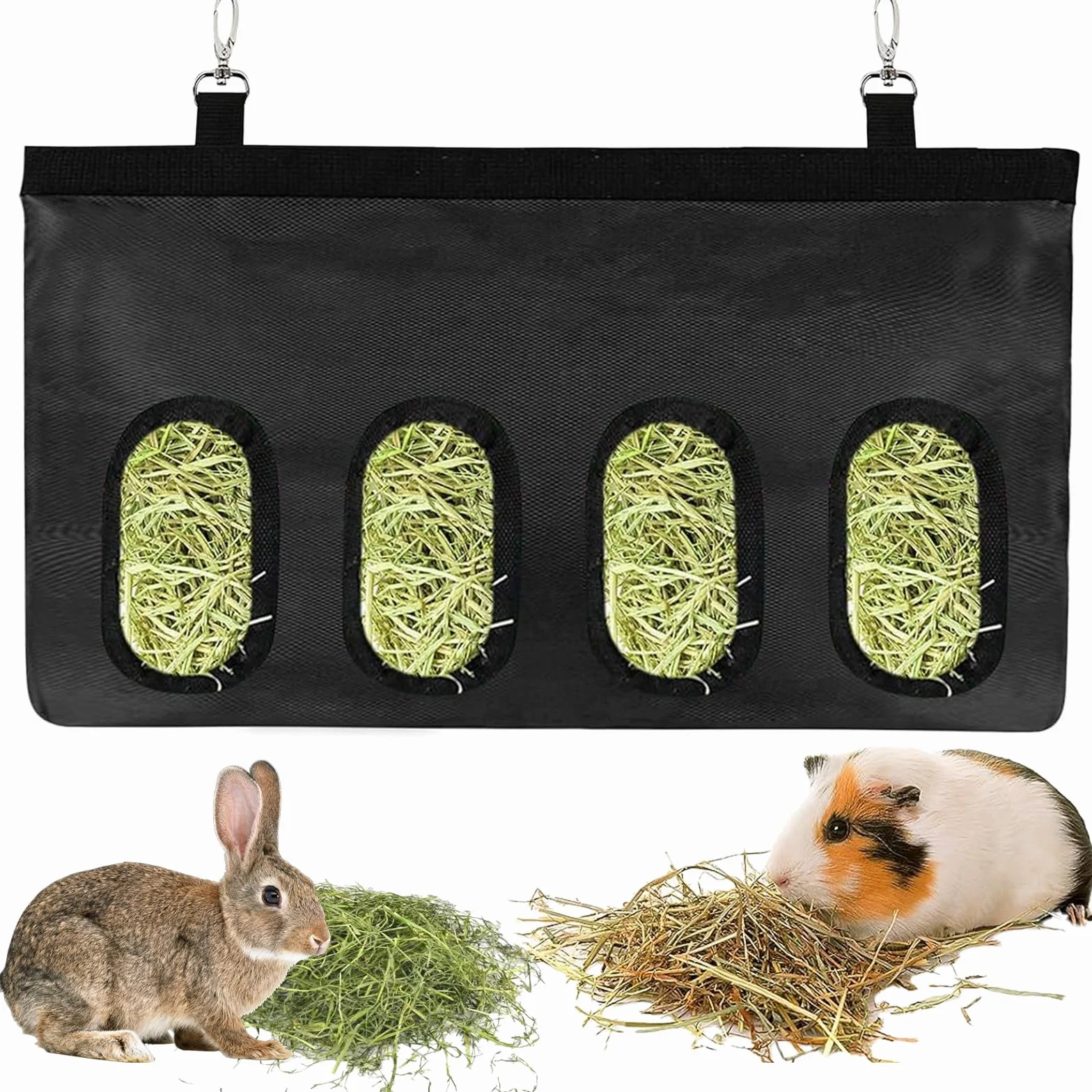 Sac à Foin pour Lapin, Distributeur Automatique Suspendu avec 4 Fenêtres, Noir
