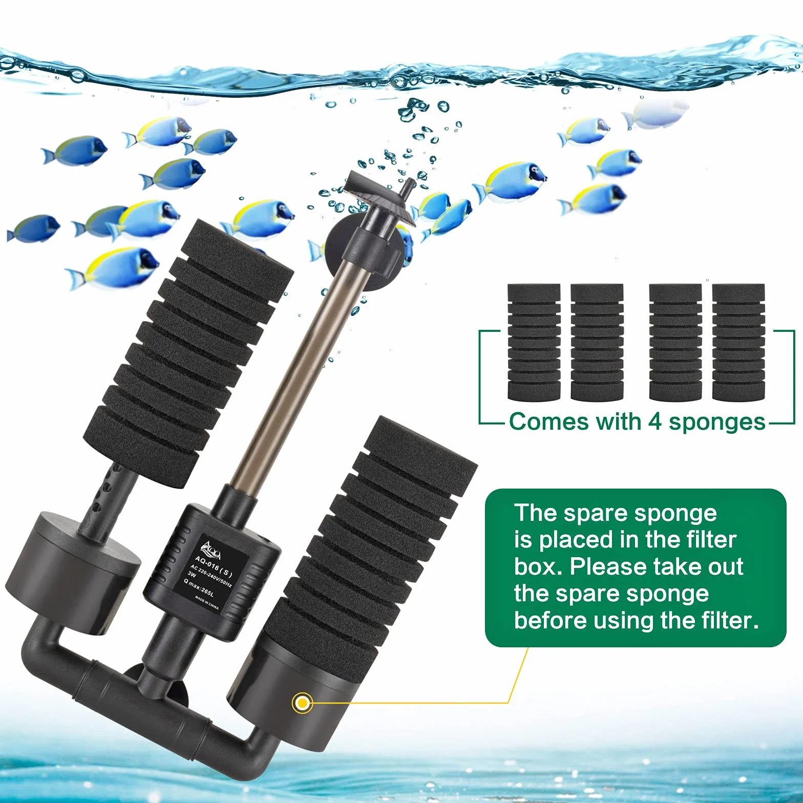 AQQA Filtre éponge d'aquarium 3/5W Double électrique Silencieux pour filtrage Biologique et mécanique