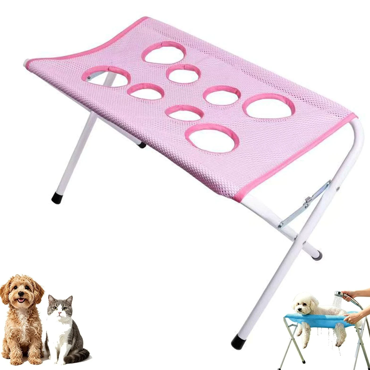 Table de Bain pour Chien Pliable, Station de Toilettage pour Animaux | Avec Surface En Filet Et Sangle De Sécurité, Support De Lavage Portable Pour Petits Et Moyens Chiens Et Chats(Pink)