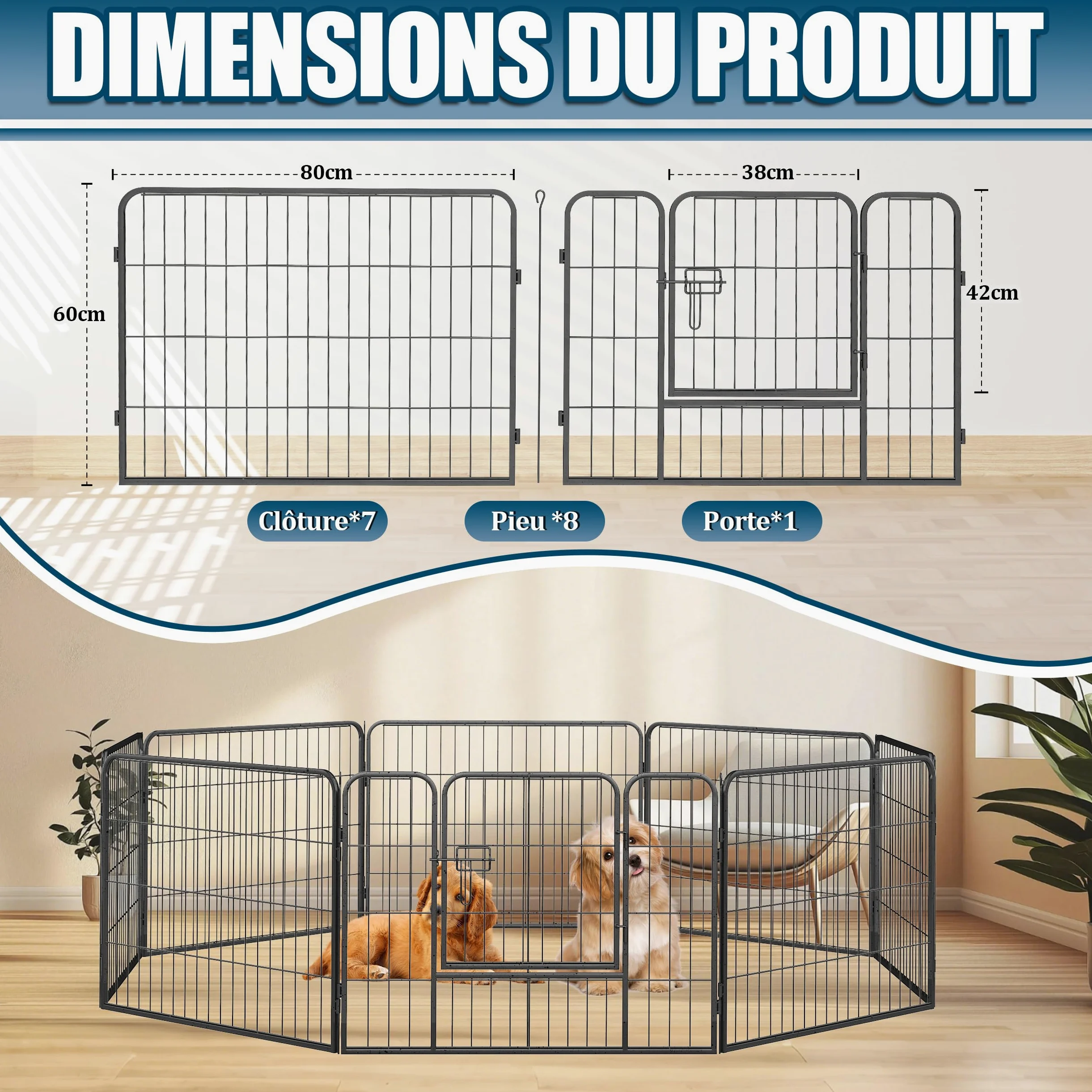 Parc pour Chien Enclos 8 Panneaux Chiot Petit Exterieur/Interieur pour Animaux de Compagnie 80 x 60 cm Noir