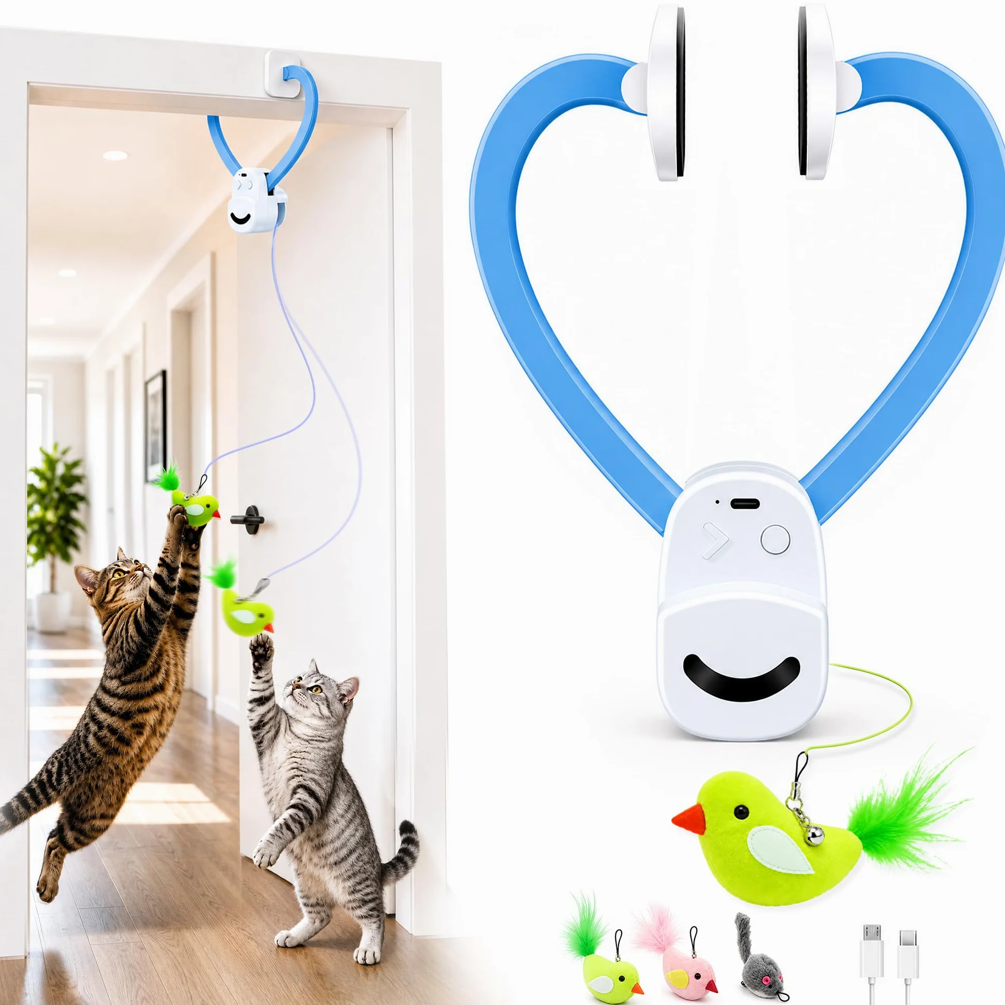 Jouets interactifs pour chats d'intérieur avec plumes d'oiseau volant électriques automatiques - Meilleur chaton et adulte - Jouet électrique à suspendre pour chats ennuyés (6 jouets) - Bleu