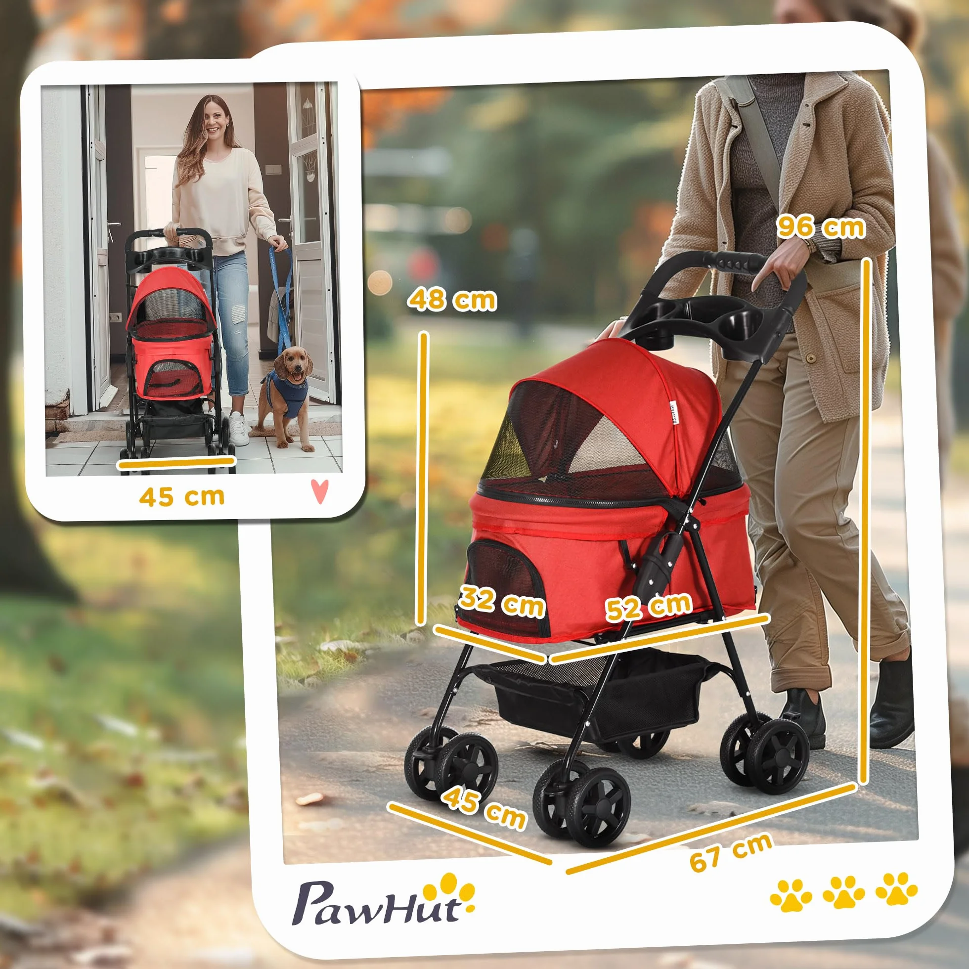 PawHut Poussette pliable pour chien chat 4 roues rouge tissu Oxford 300D imperméable porte-gobelets