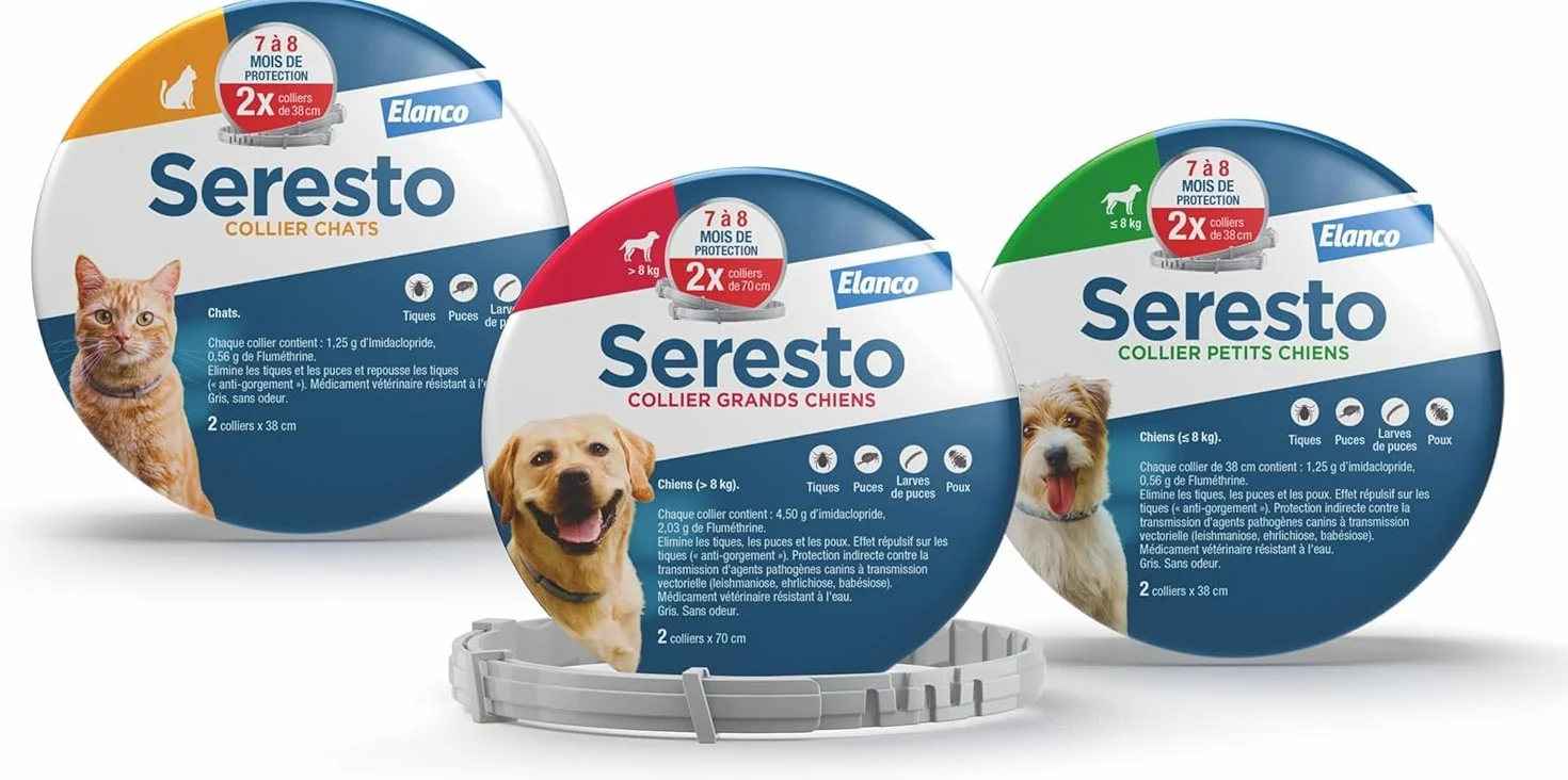 Seresto Collier Petits Chiens 2 Colliers anti puces anti tiques longue durée 7-8 mois Gris