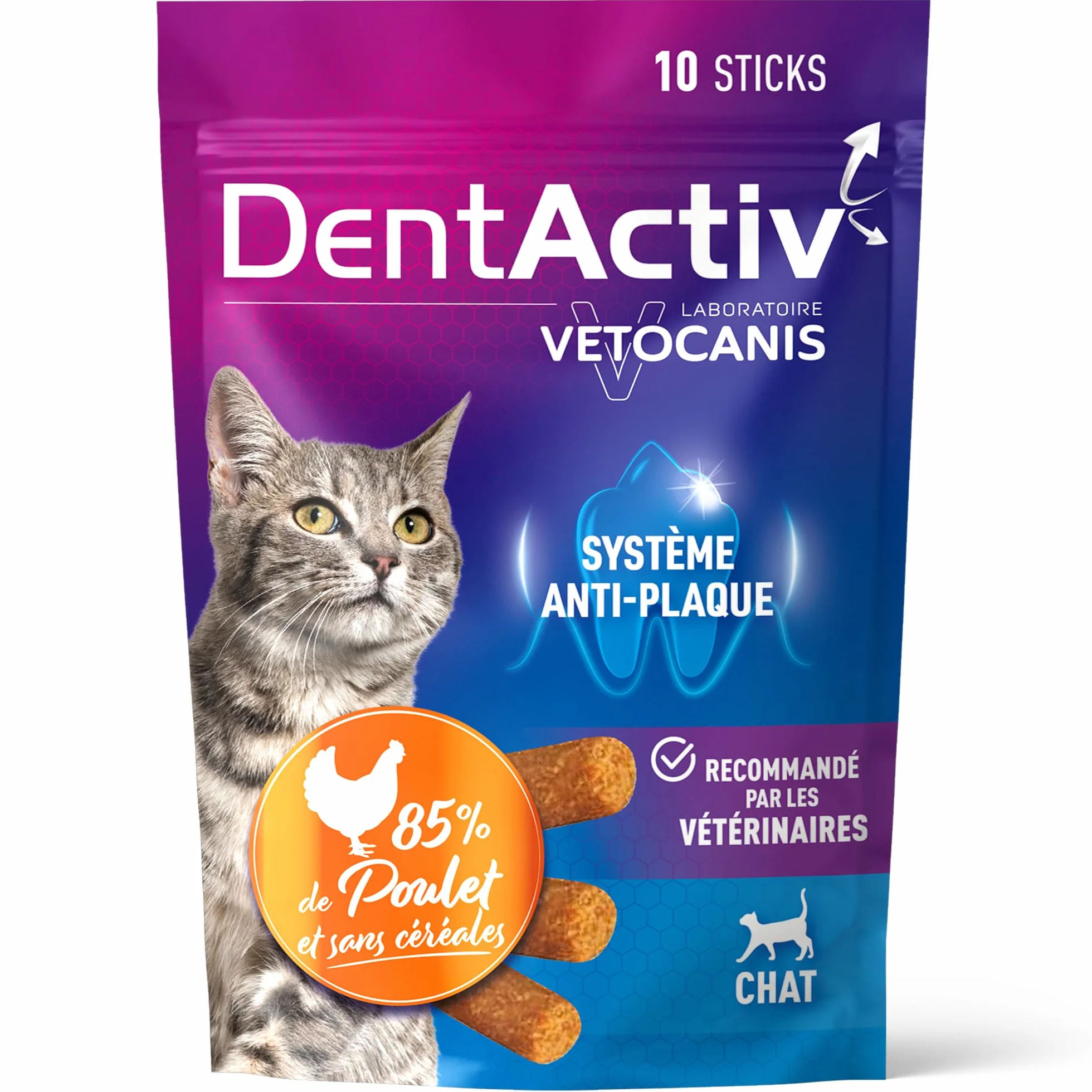 Vetocanis Dentactiv Stick Dentaire Friandises Chat Hygiène Santé 85% Poulet Anti-Plaque