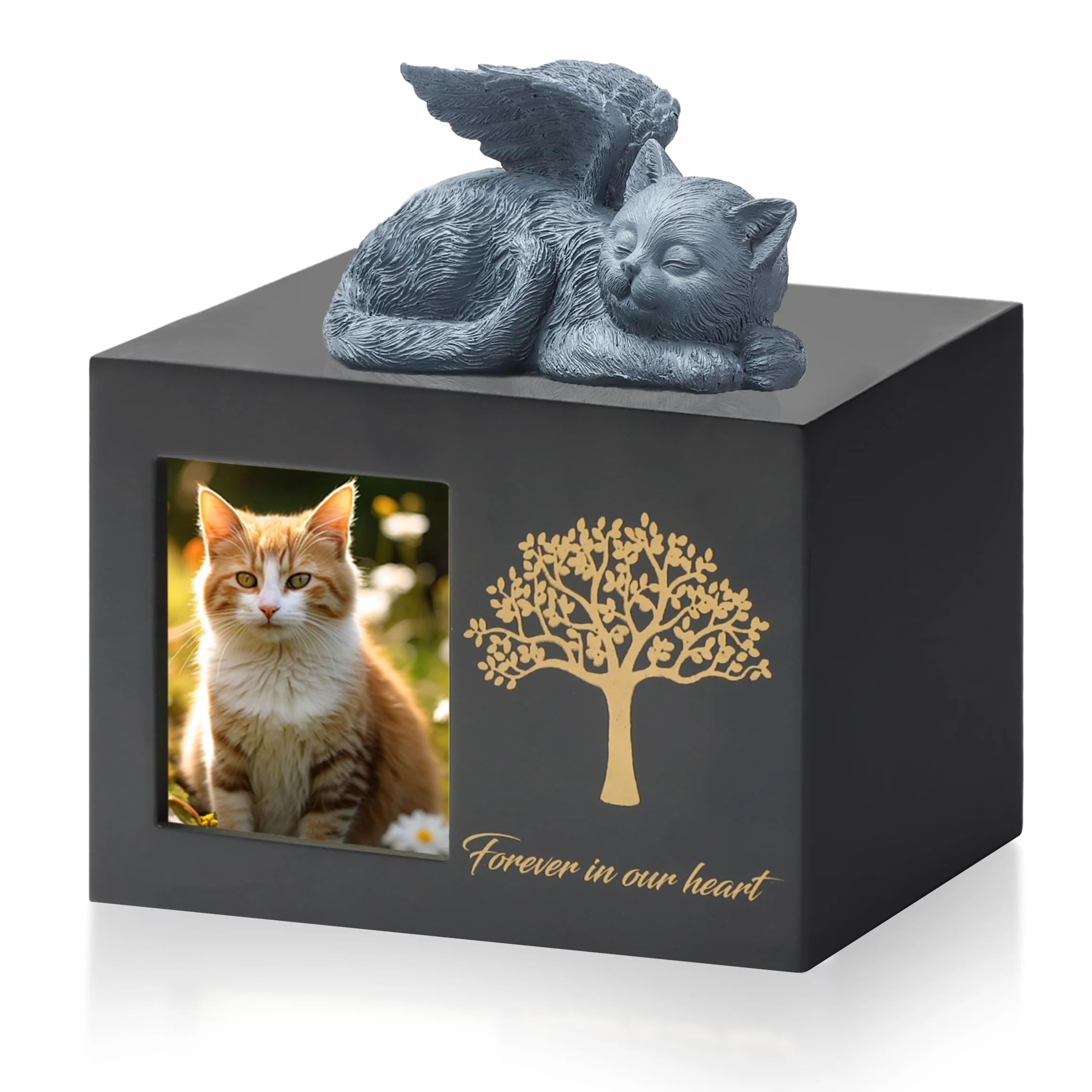 Urne pour chat en bois avec statue de chat en résine et pochette en velours