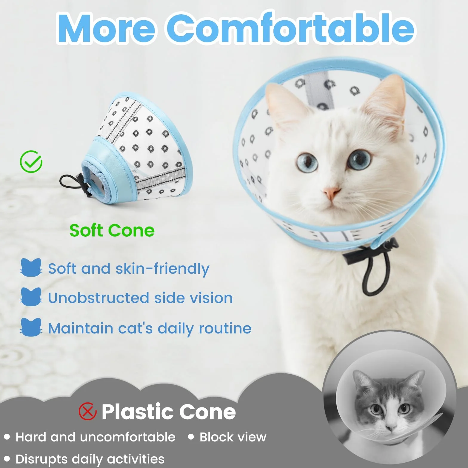 Collerette Chat Anti Léchage Anti Grattage Souple Tissu Respirant Ajustable M Maille Bleu