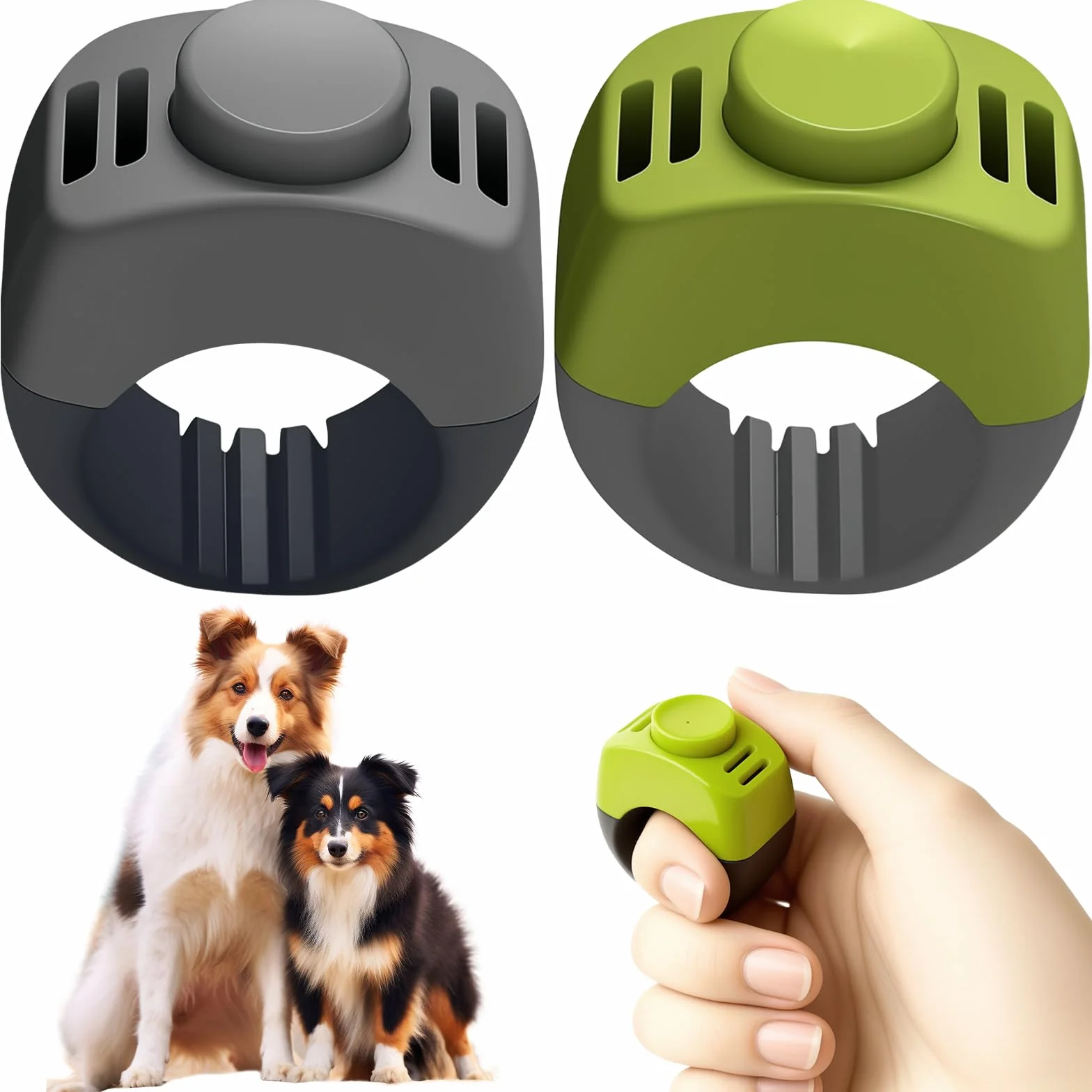 2 Clicker Chien Dressage avec Anneau 19mm/21mm, Clicker pour Chien en Vert & Gris, Clicker Chien pour Dressage Chiot, Éducation & Rappel