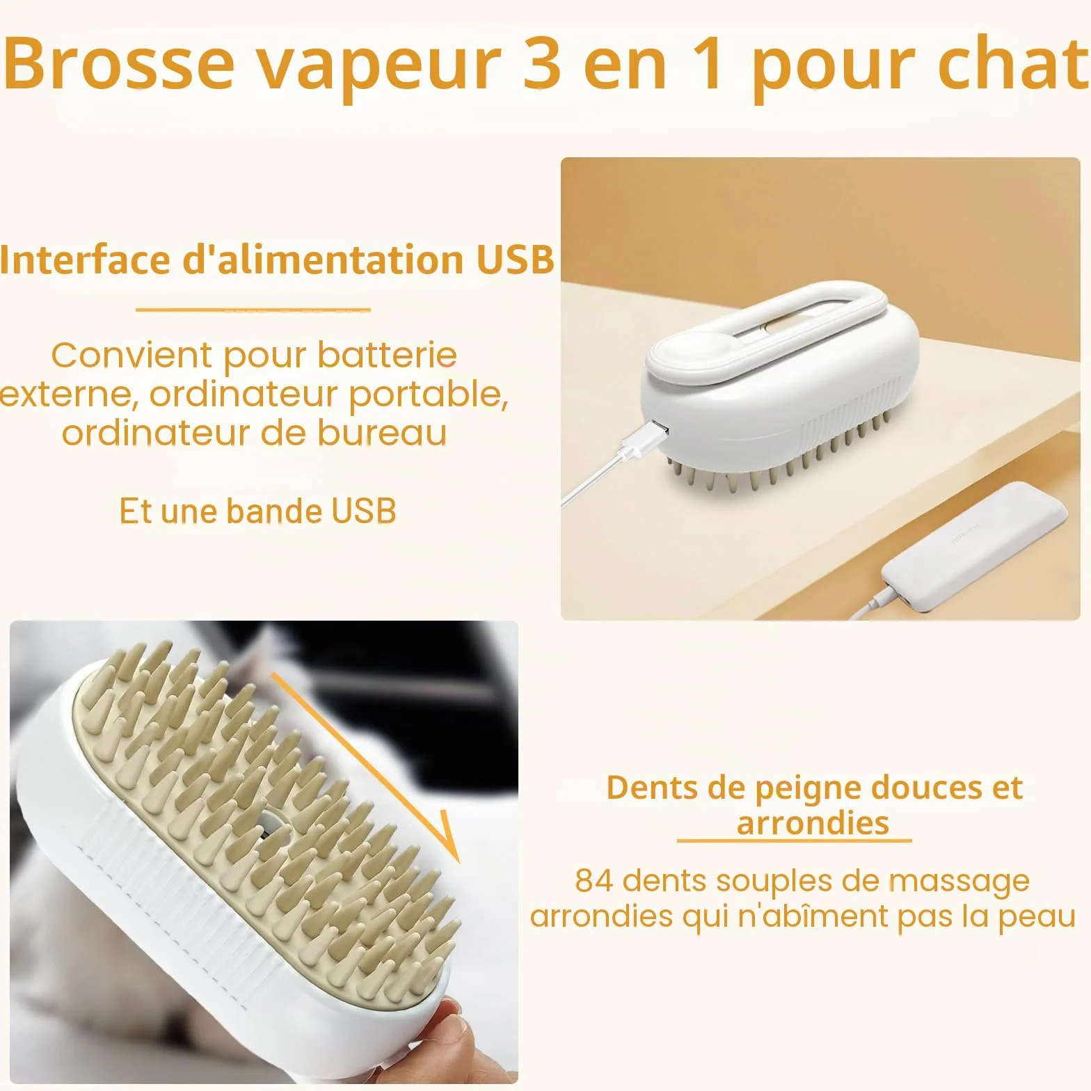 Brosse à vapeur 3 en 1 pour chats et chiens, peigne électrique de massage avec essence leave-in pour soin et épilation