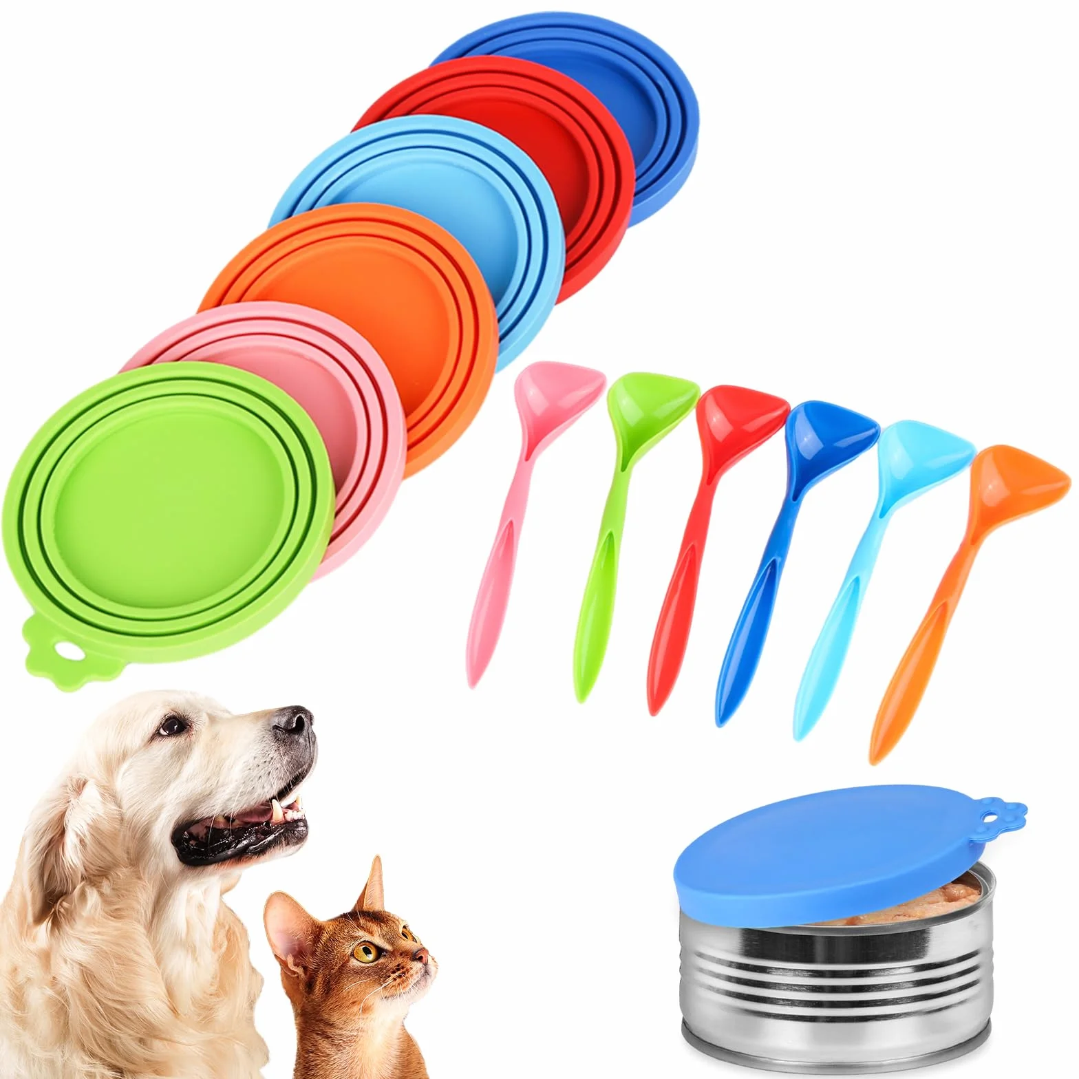 Lot de 6 Couvercles Silicone de Conserve Avec 6 Cuillères - Pour Boîtes de 65 mm, 75 mm et 85 mm - Adapté Aux Boîtes de Nourriture Pour Chiens et Chats