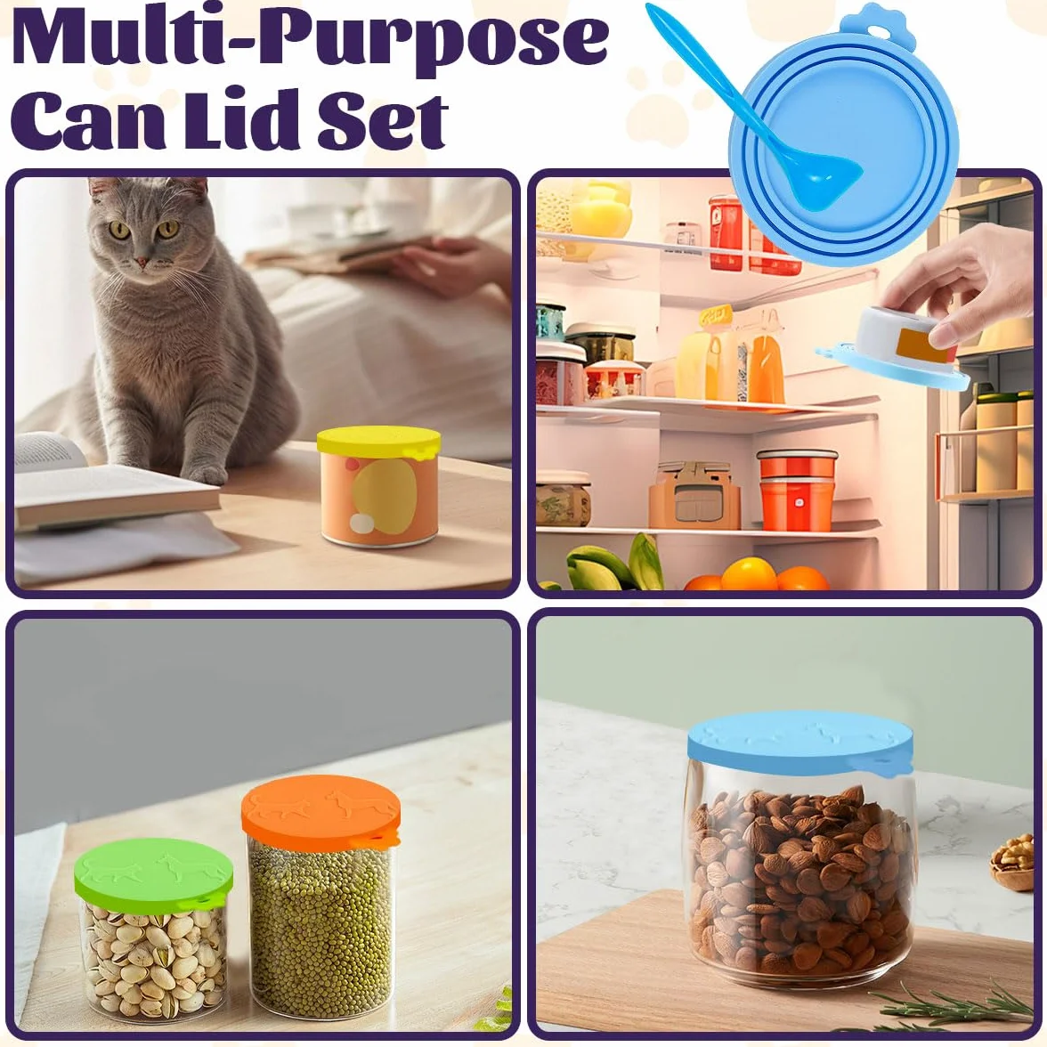 Lot De 6 Couvercles De Boîte De Nourriture pour Chat avec 6 Cuillères en Silicone 70g 85g 200g 400g