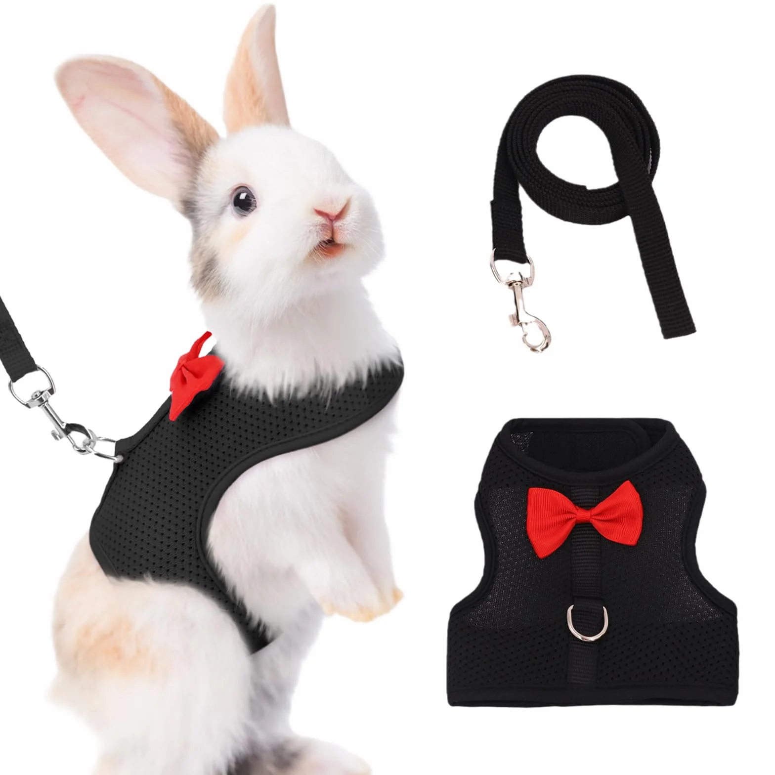 Harnais Lapin avec Laisse Réglable et Respirant - Accessoires pour Lapin Nain et Petits Animaux, Confortable et Sécurisé pour Promenade, Noir, Taille S