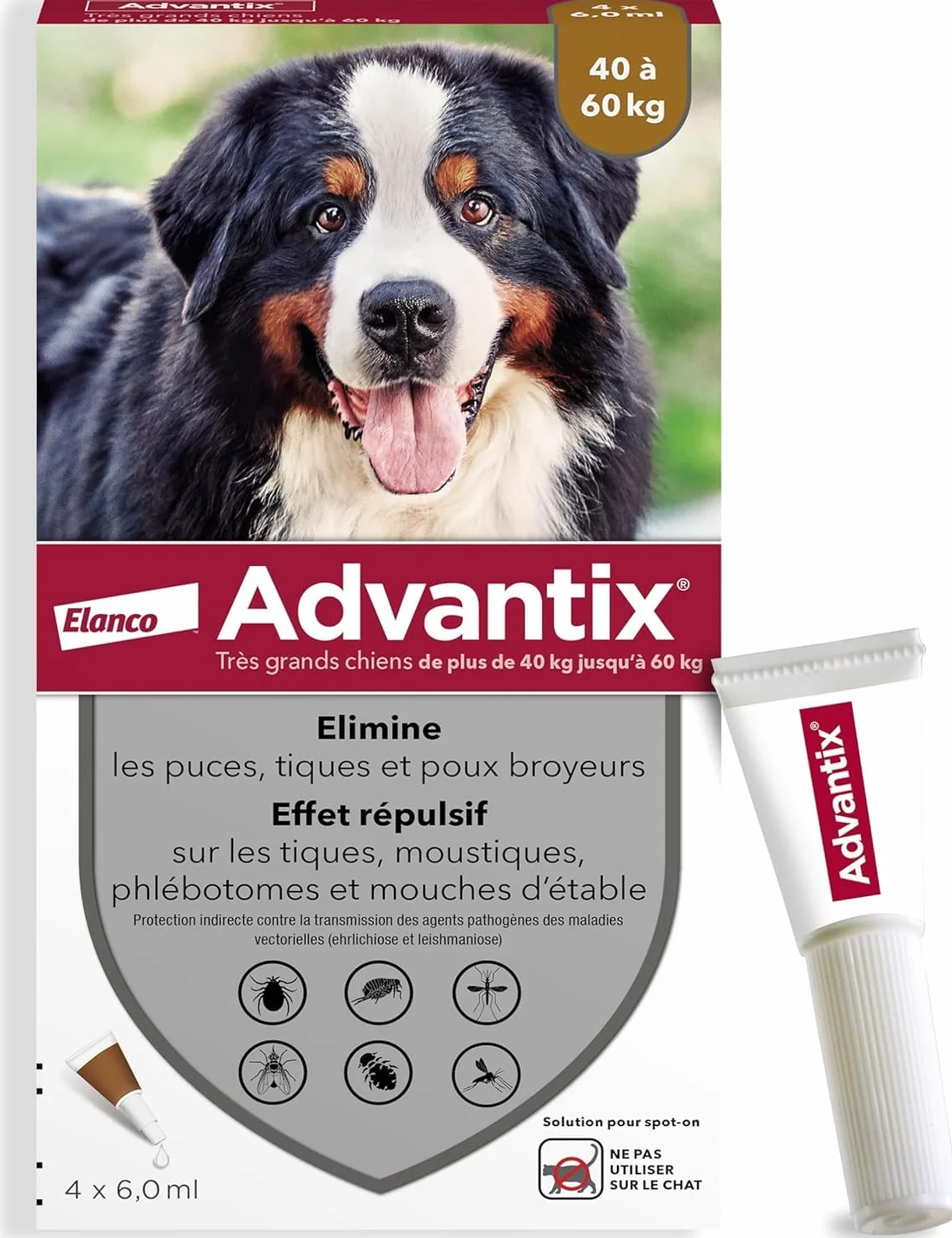 Advantix Très Grand Chien 40-60 kg Pipettes 6 Parasites Traitement 4 Semaines 4 x 6,0 ml