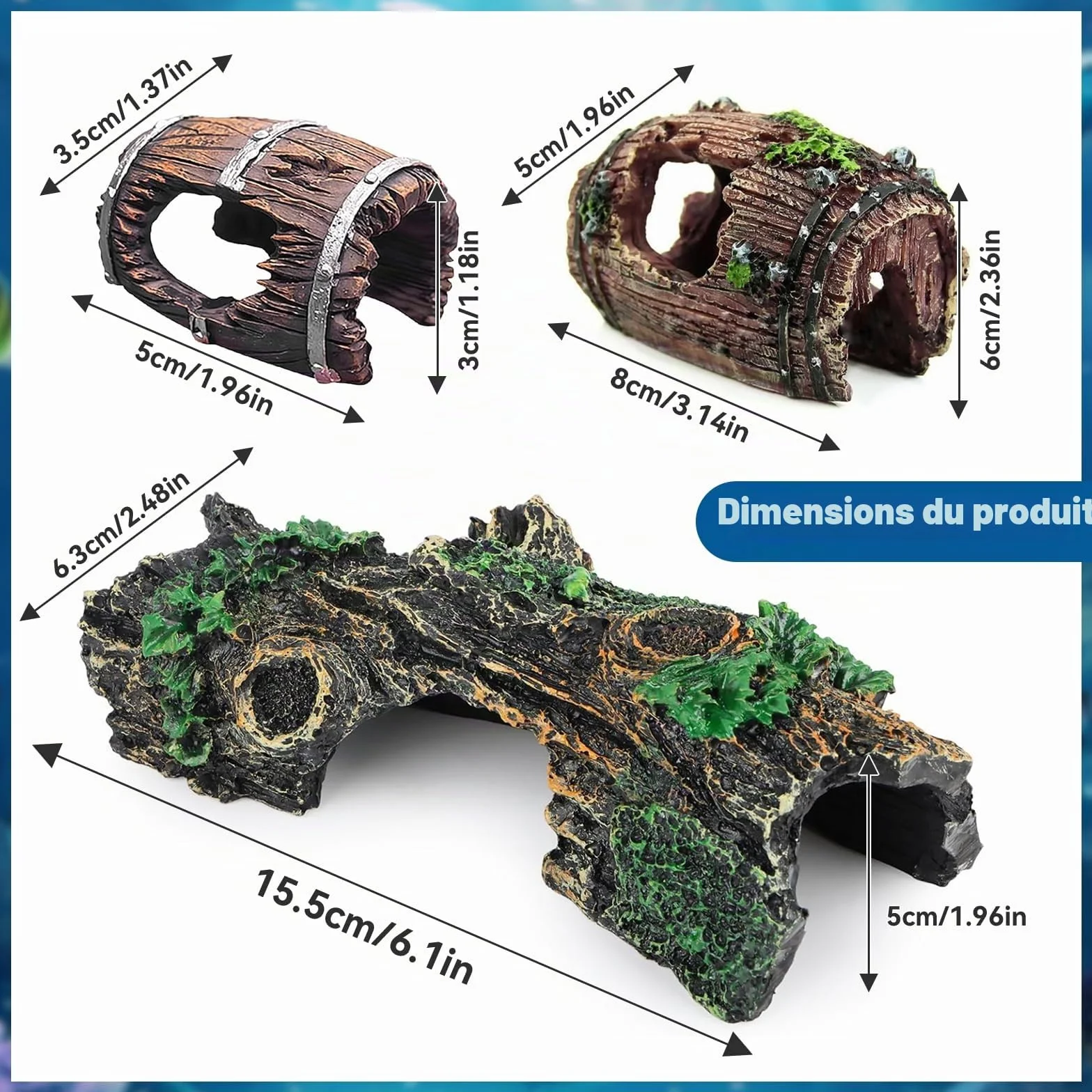 Décoration Aquarium Grain de Bois 3 Pièces, Cachette Sûre Non Toxique pour Crevettes Poissons Petite Moyenne Taille