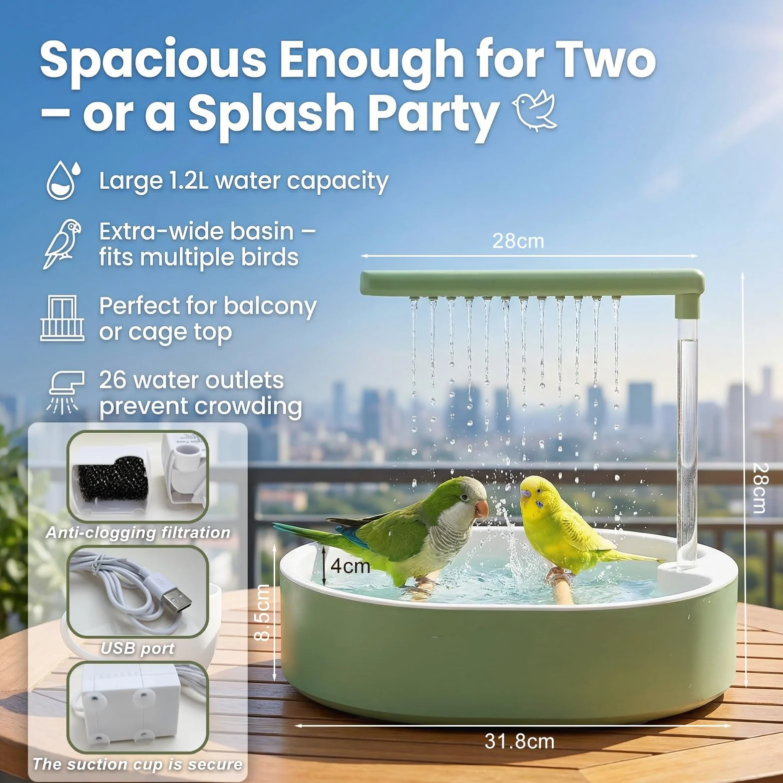 Bain d'oiseaux Automatique avec Eau en Circulation pour Perroquets Perruches Aras