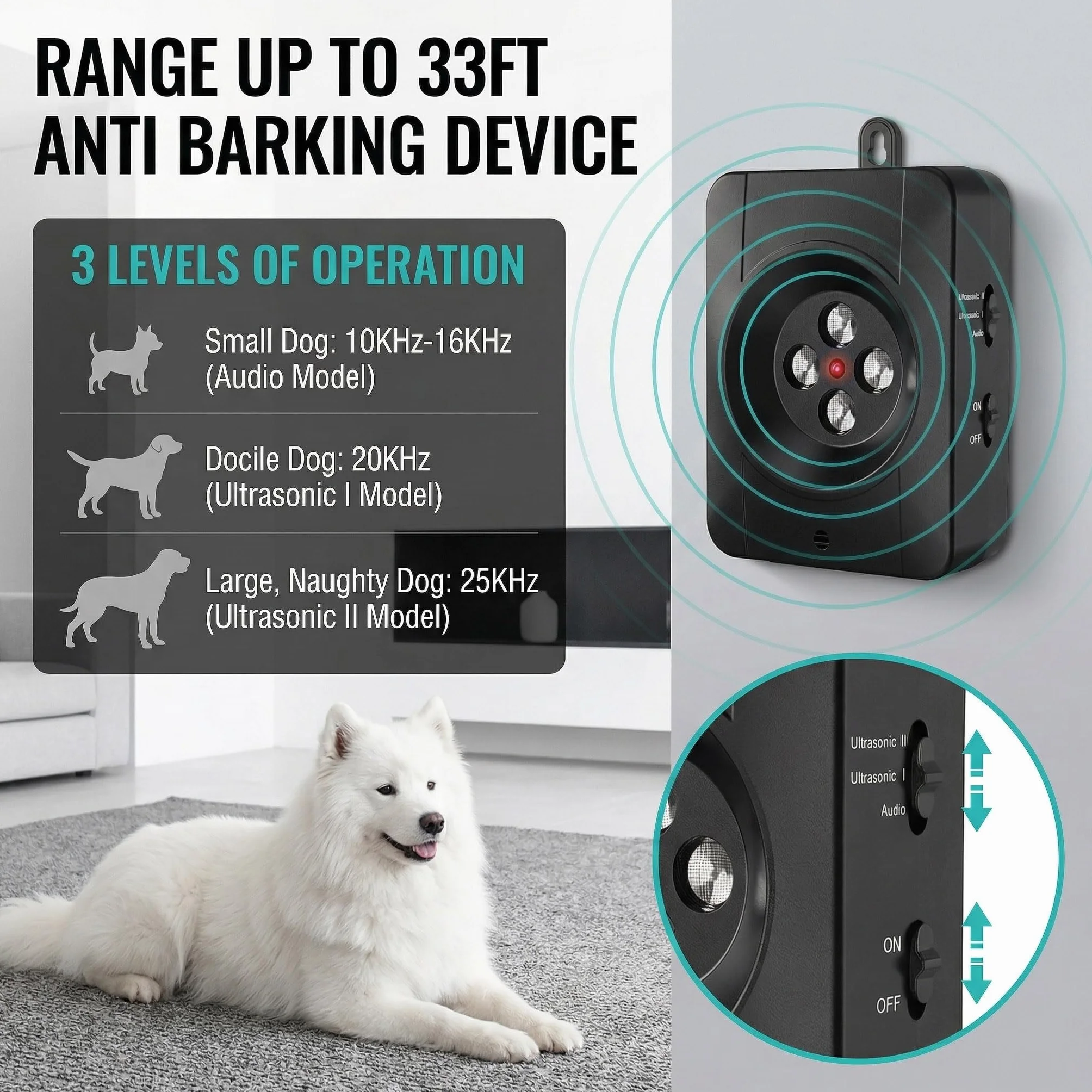 Anti Aboiement pour Chien Ultrasons 33FT avec 3 Modes, Dispositif Anti Aboiement pour Chien Noir