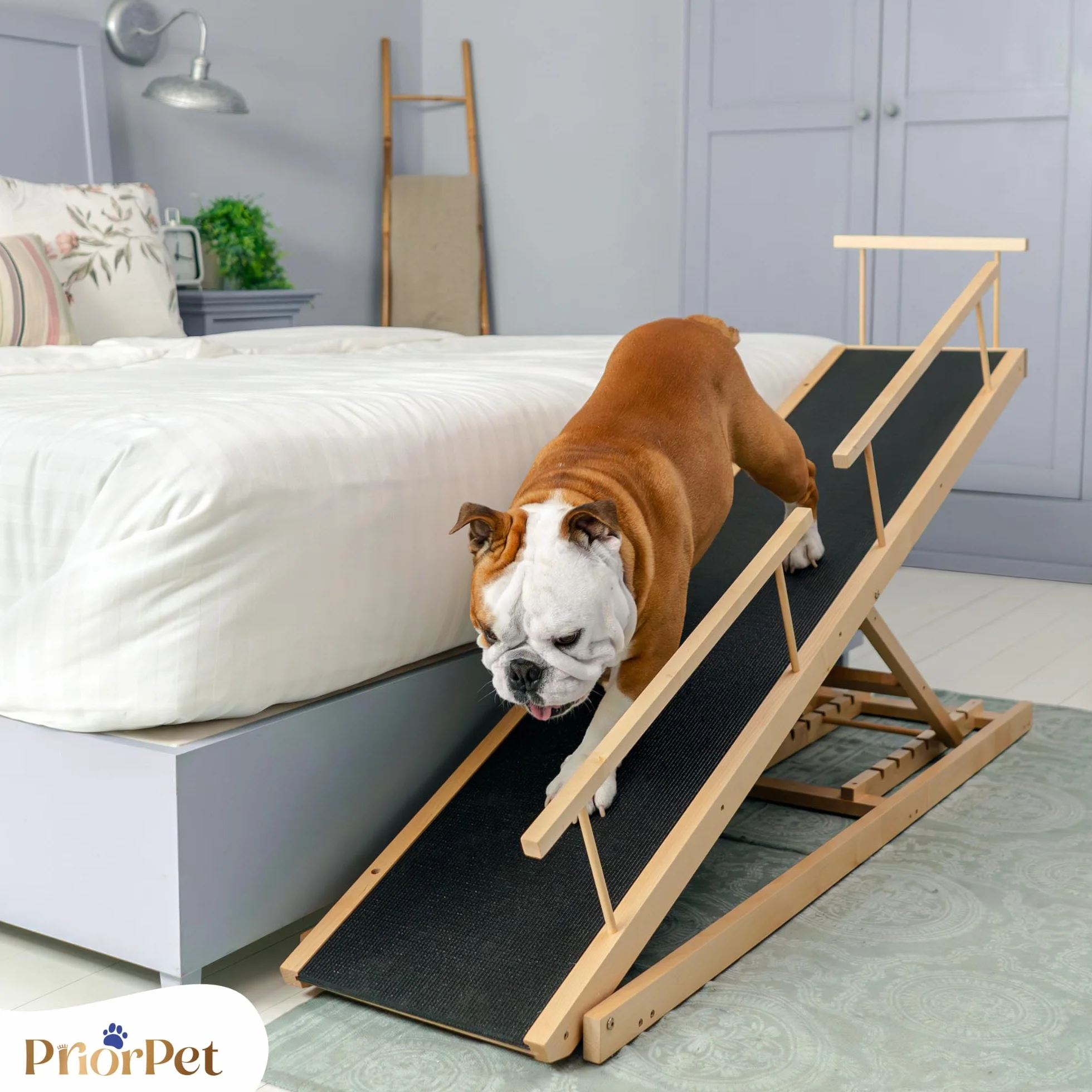 PRIORPET Rampe pour Chien avec Barrières de Sécurité Escalier Pliable Lit Haut 94.5 cm Bois de Bouleau Antidérapante 23kg Naturel