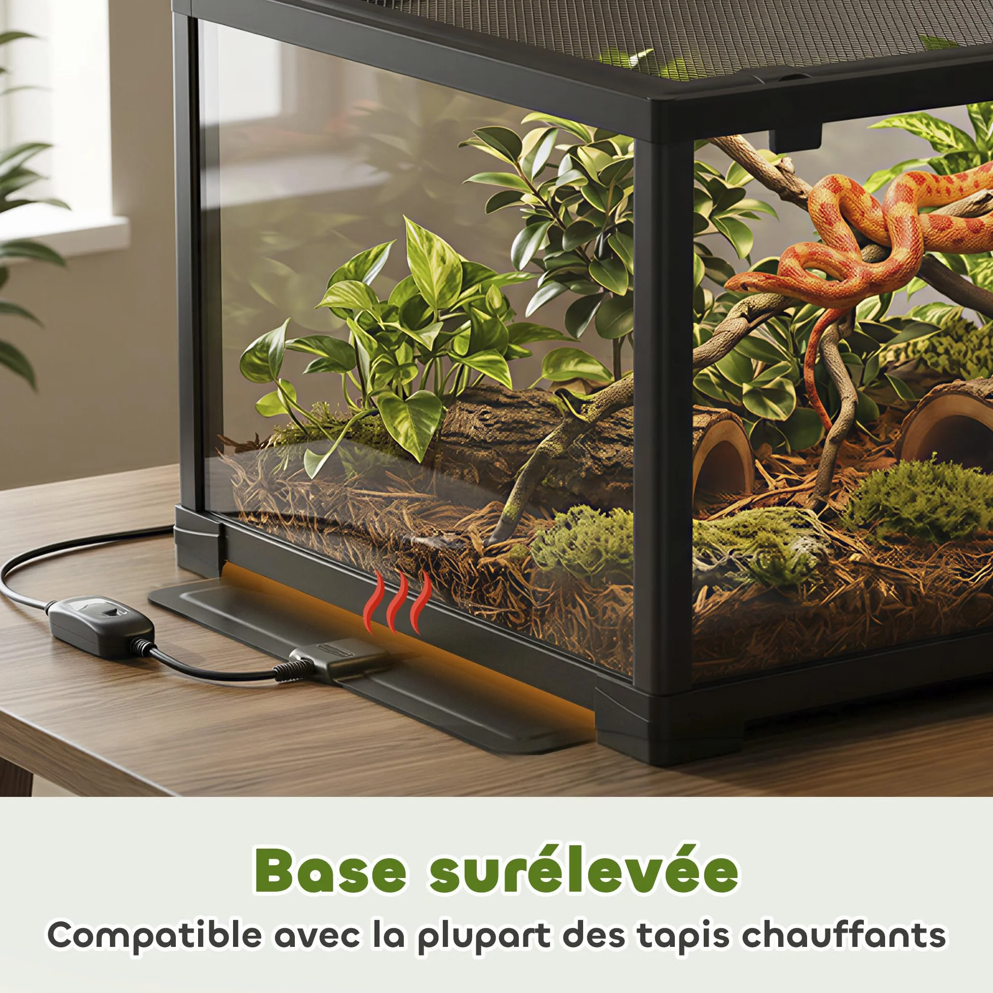 PawHut Terrarium en Verre 86L 60x45x32cm pour Reptiles Lézards Serpents Geckos Porte Coulissante Noir