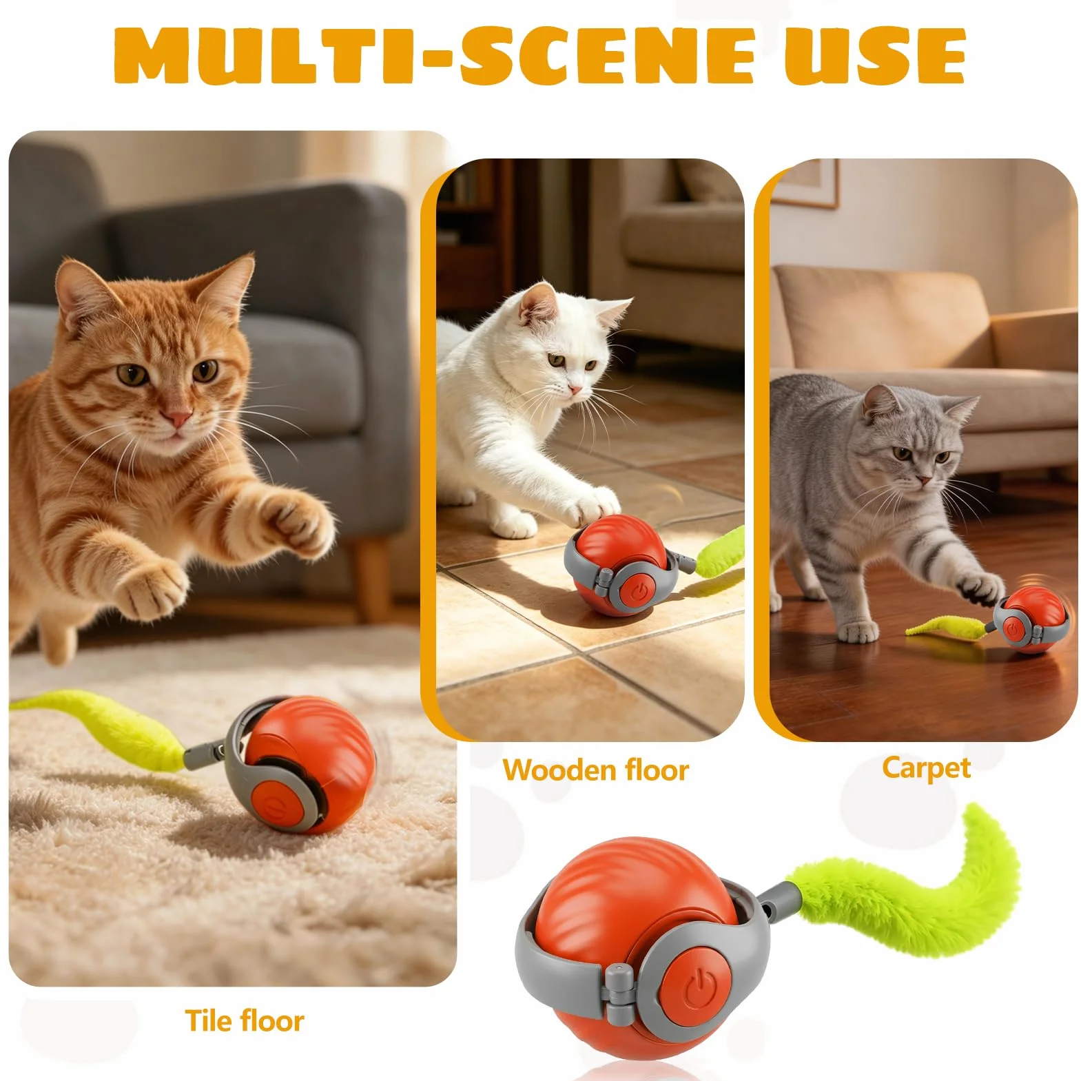 Jouet Chat Interactif Balle Interactive Automatique avec Queue Peluche, Jouet Chat Intérieur Rechargeable Orange