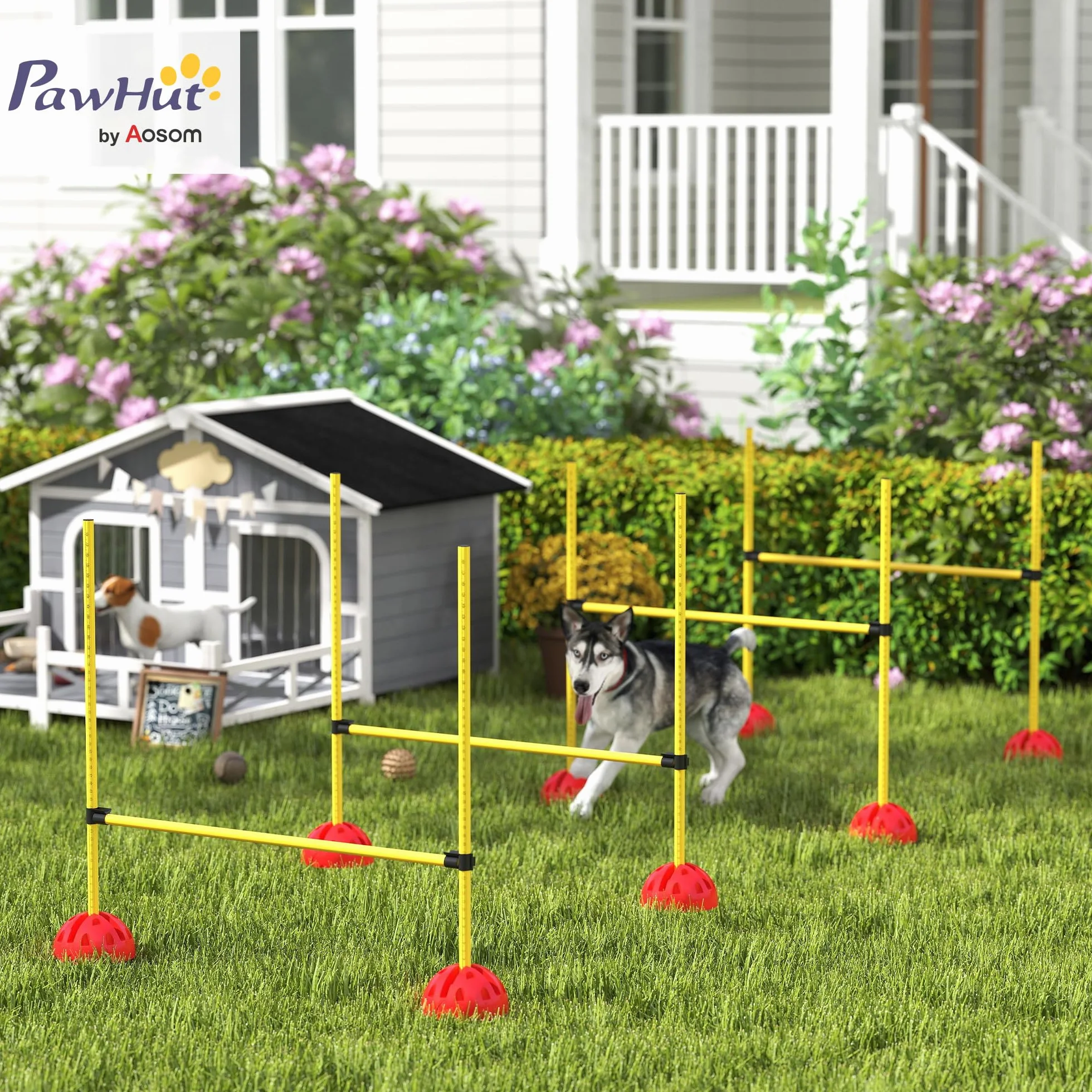 PawHut Kit d'Agilité pour Chien avec 4 Haies de Saut Réglables, Sac de Transport, Jaune et Orange