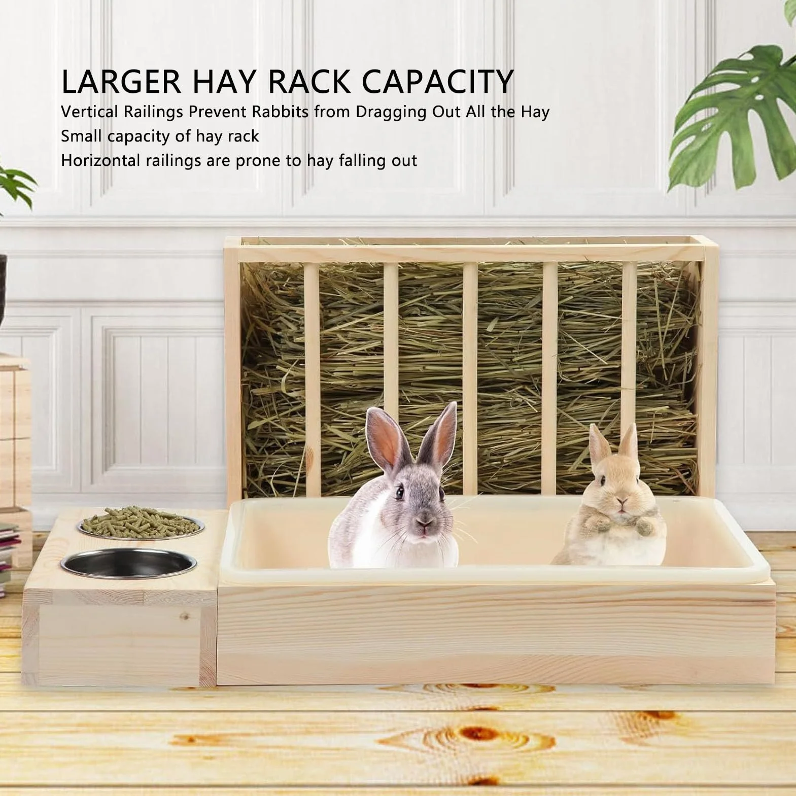Grand Support en Bois pour Lapins avec 2 Bols, Mangeoire WC Litière Combo