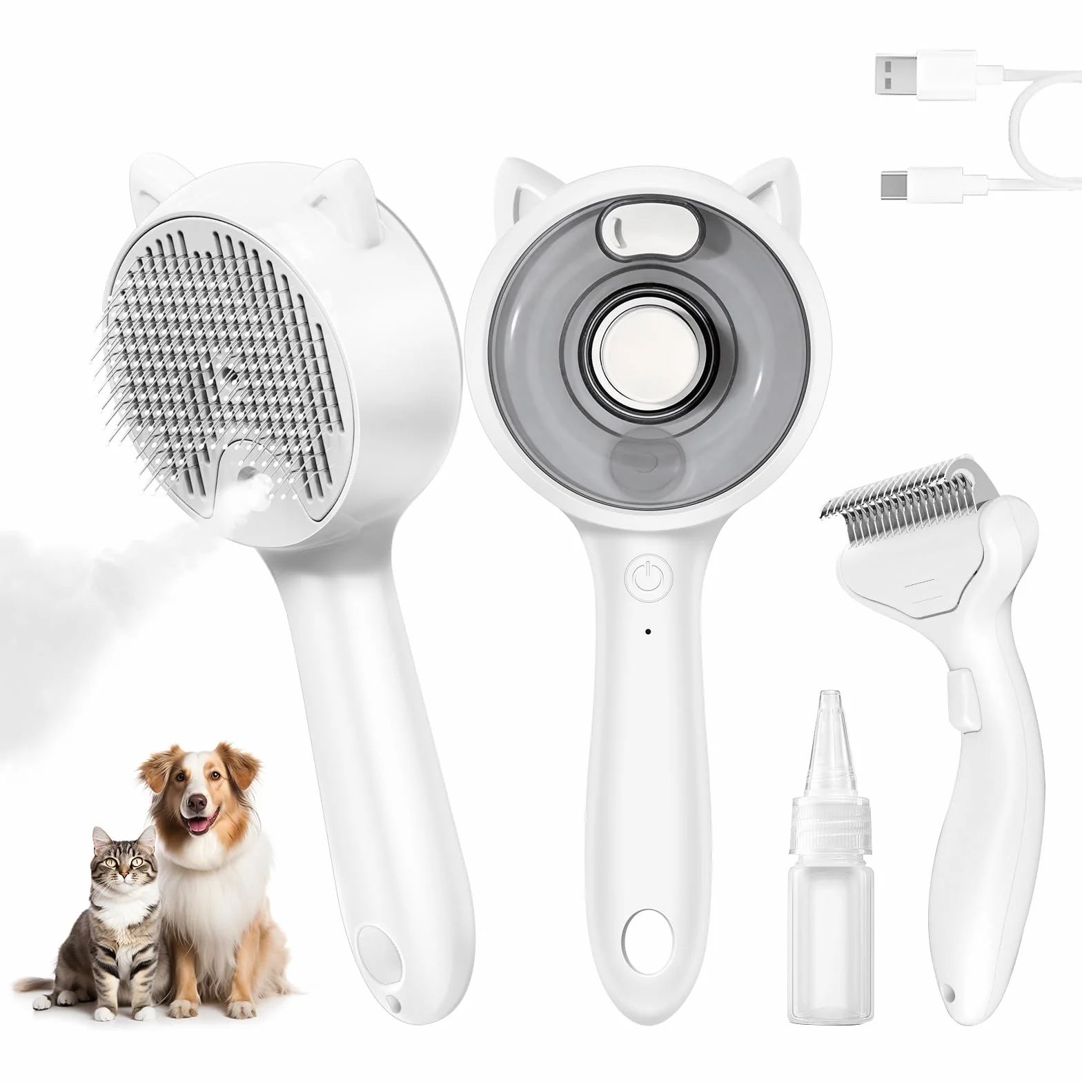 Brosse à chat à vapeur 2 en 1 Retire-Underpoil, USB rechargeable, Grand réservoir, Chiens & chats poils longs/courts