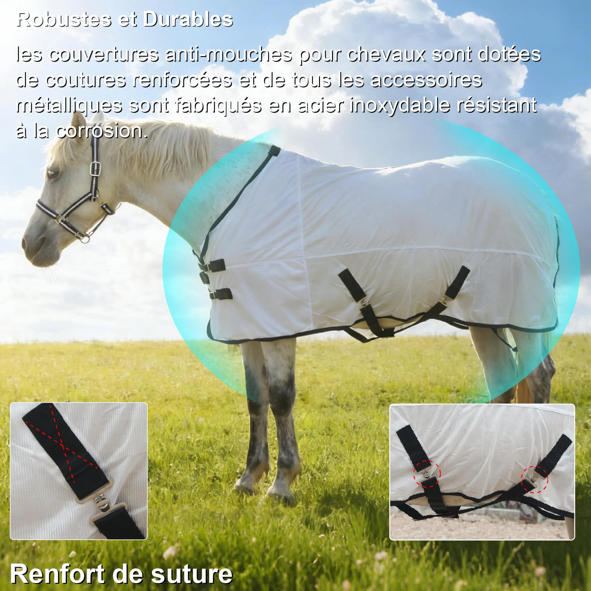 Couverture Anti-Mouches pour Chevaux 130cm Blanc Protection UV Légère Respirante Ajustement Réglable