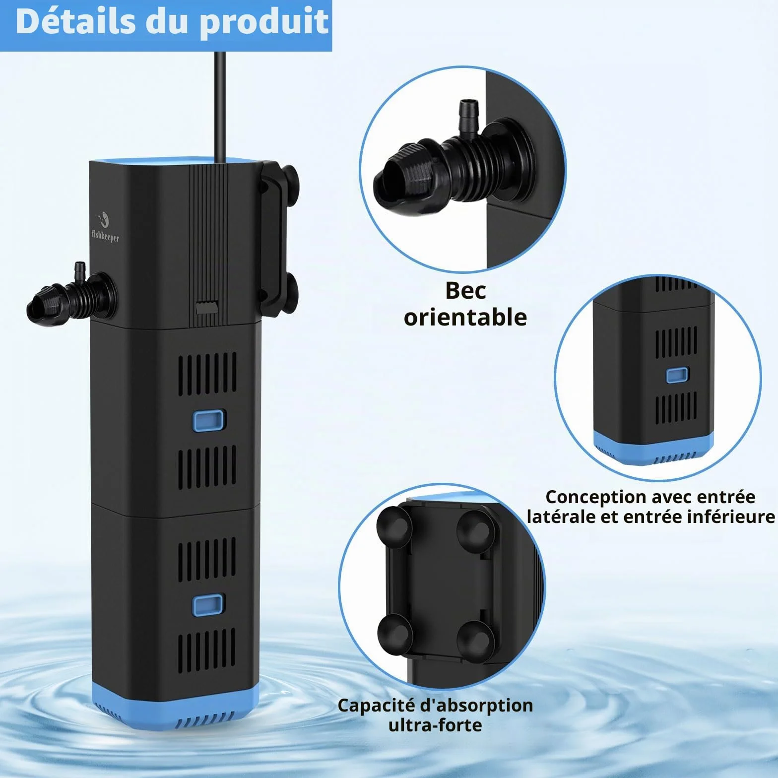 fishkeeper Filtre d'aquarium intérieur réglable 500L/H 6W 4 en 1 Pompe oxygène Machine à Ondes