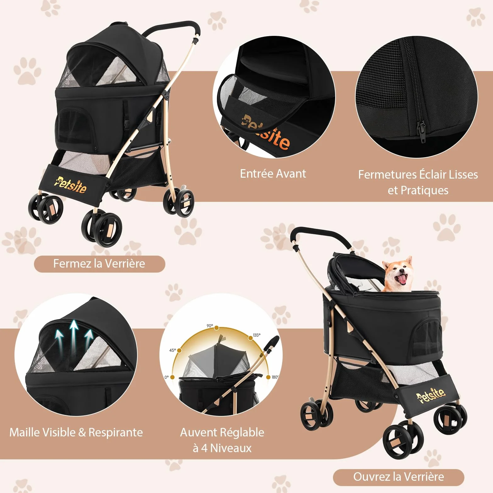 GOPLUS Poussette 3 en 1 Pliable pour Chien Chat, Siège Voiture Amovible, Auvent Réglable, Entrée Maille Zippée, Noir
