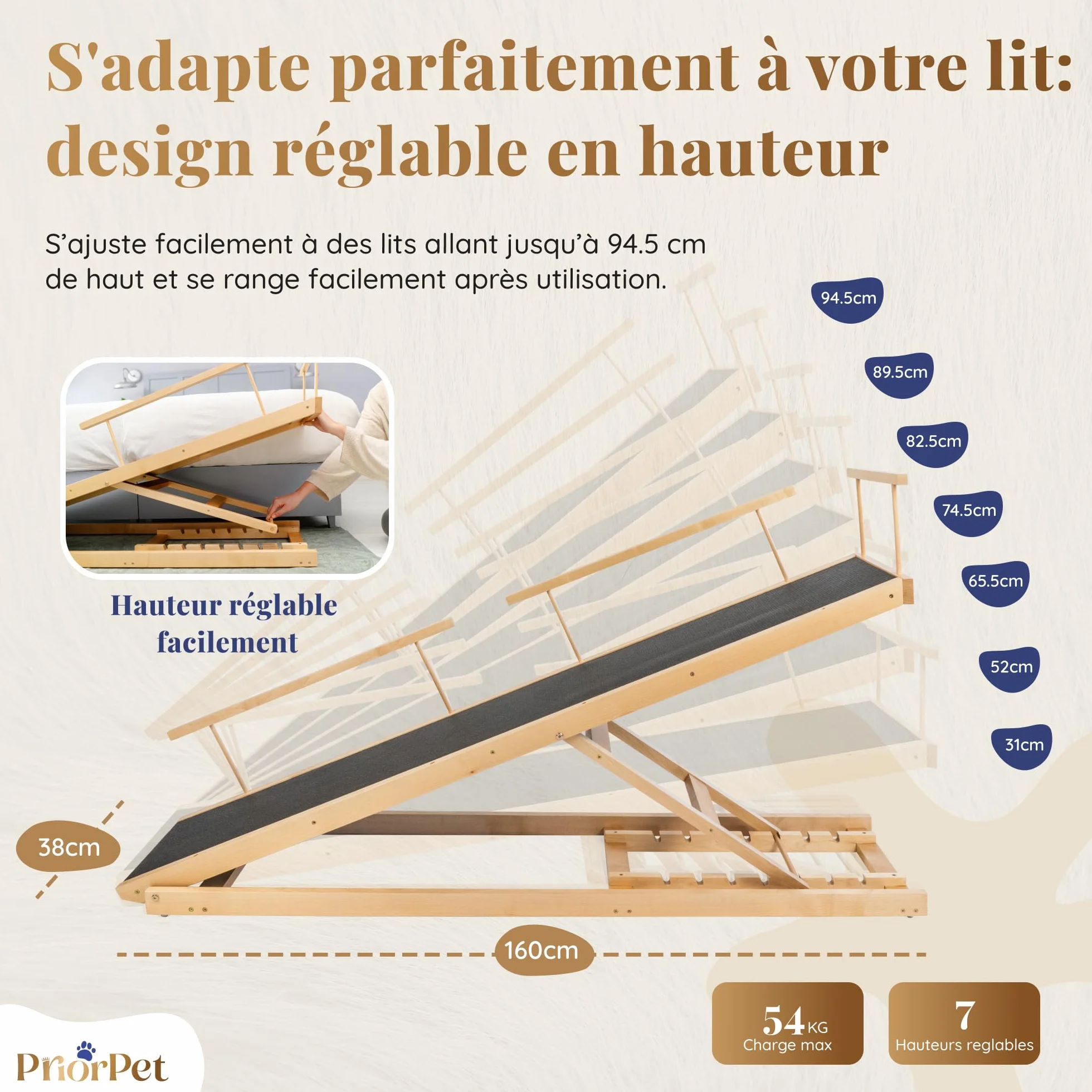 PRIORPET Rampe pour Chien avec Barrières de Sécurité Escalier Pliable Lit Haut 94.5 cm Bois de Bouleau Antidérapante 23kg Naturel